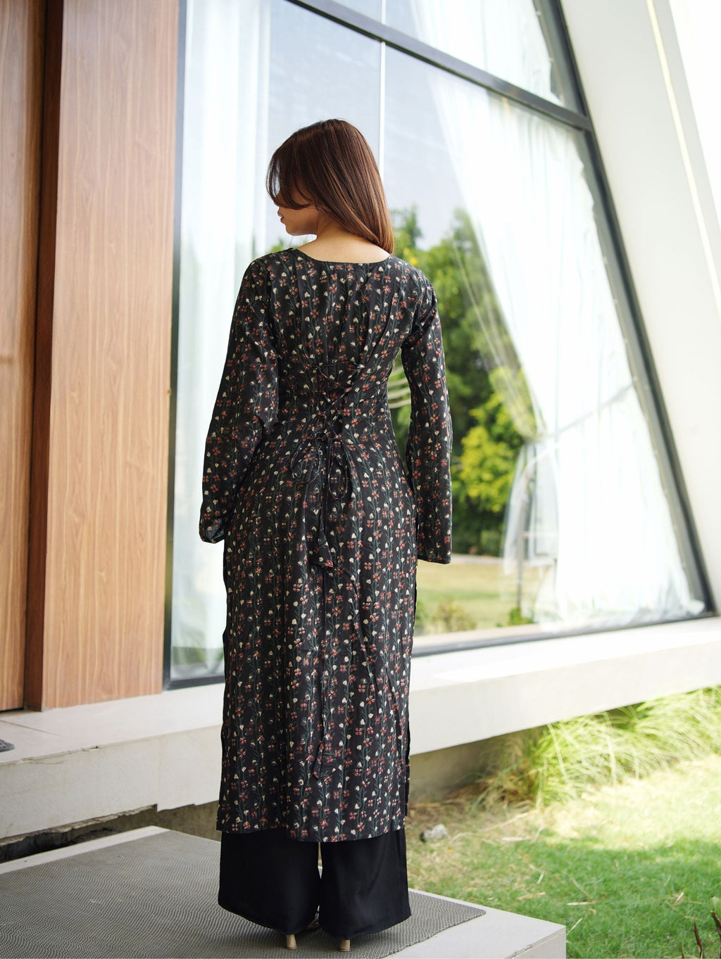 Chandani Long Kurti for Women - Black Bagru Handblock Cotton Long Kurti