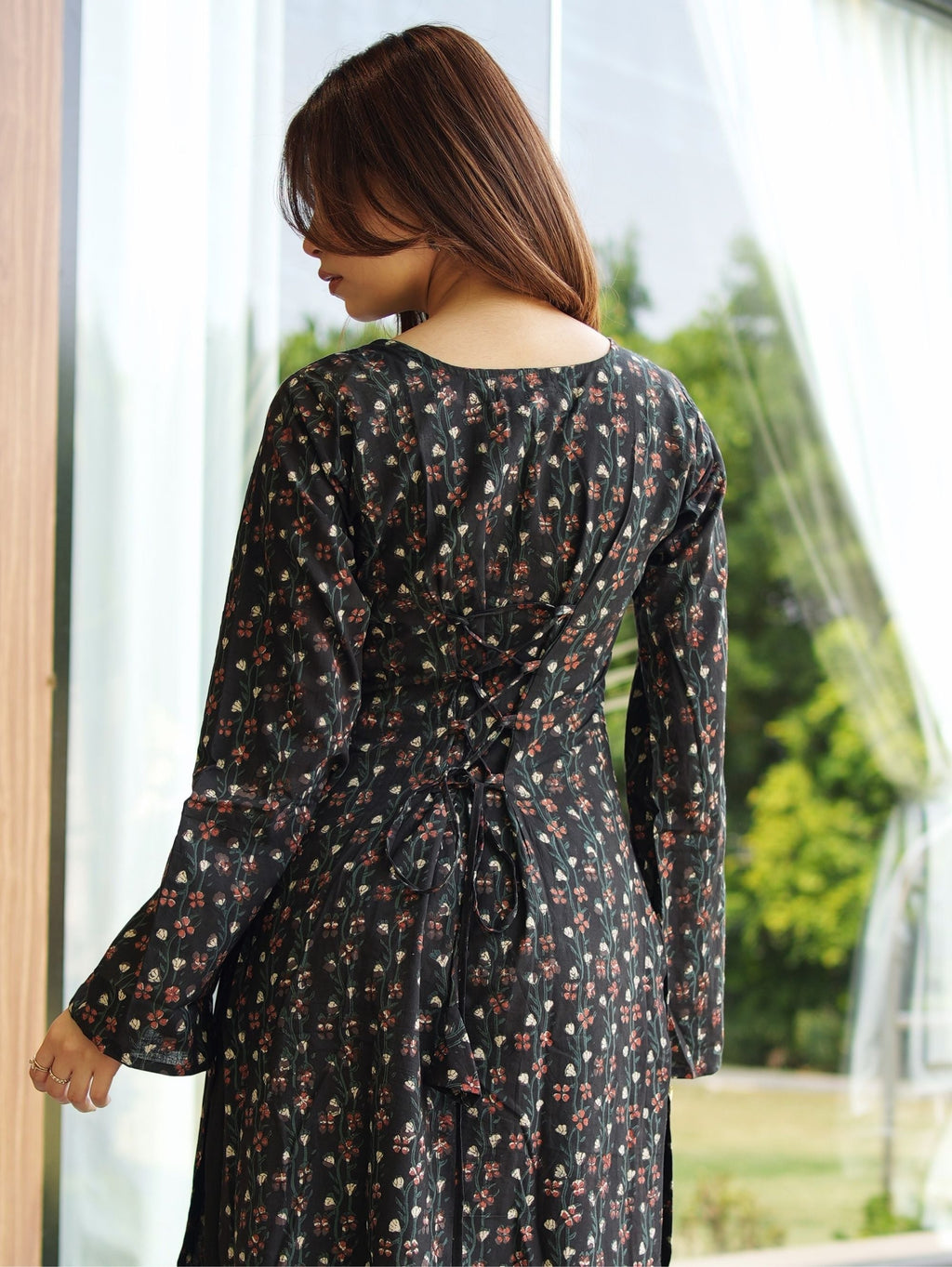 Chandani Long Kurti for Women - Black Bagru Handblock Cotton Long Kurti