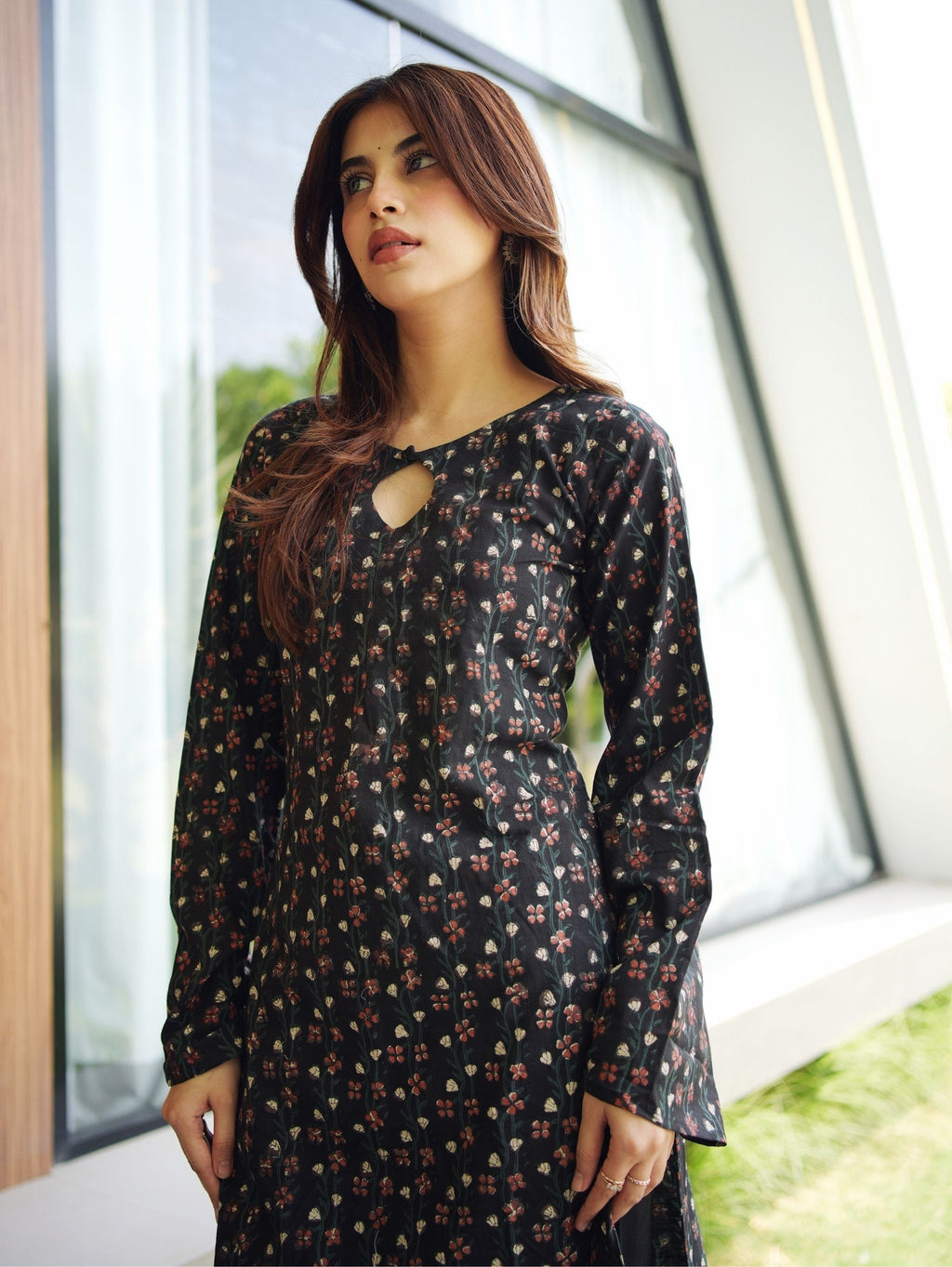 Chandani Long Kurti for Women - Black Bagru Handblock Cotton Long Kurti