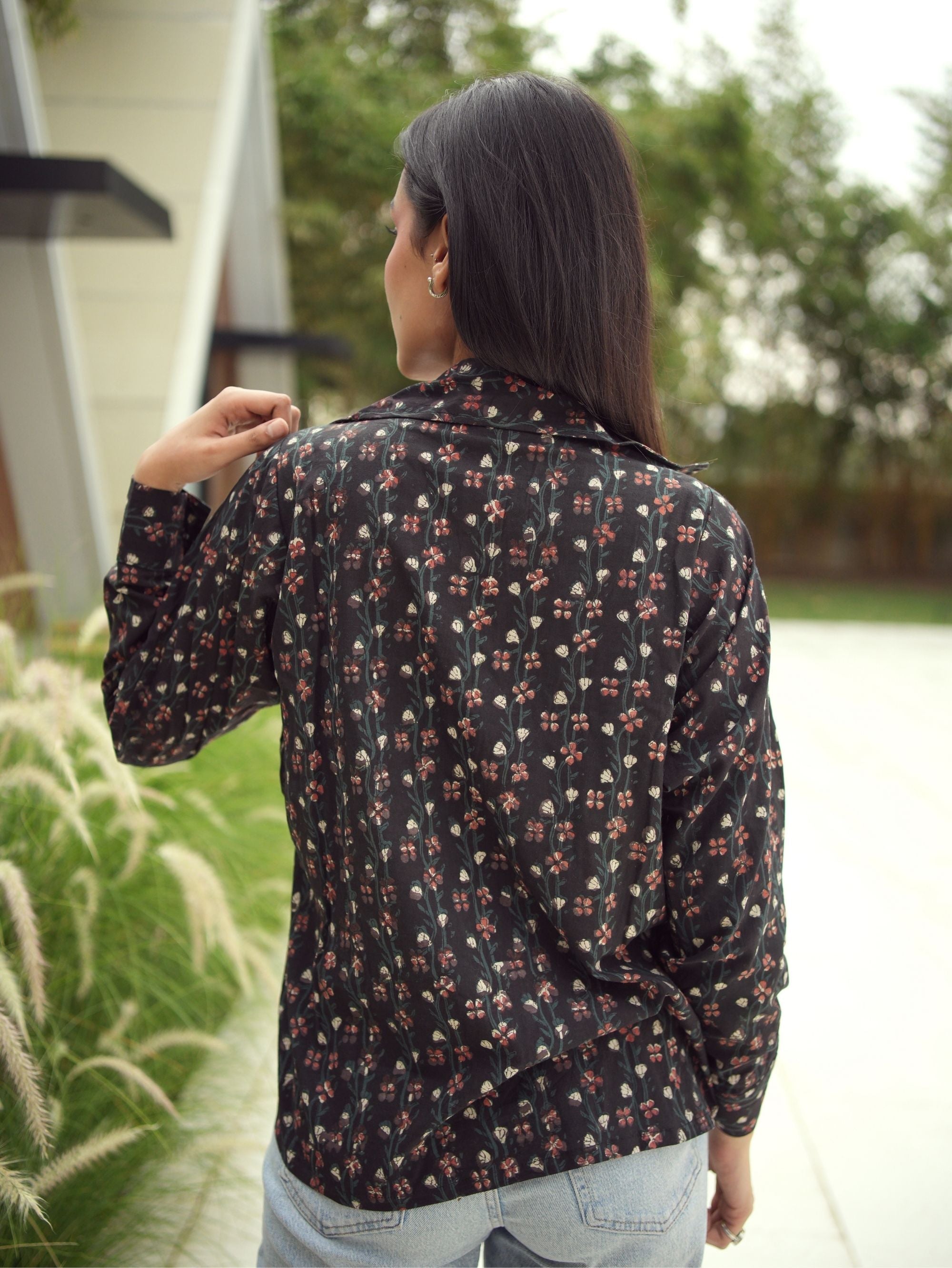 Alizeh Oversized Shirt for Women - Black Bagru Print Cotton Shirt