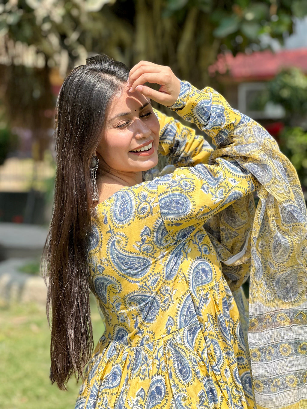 Yellow Paisley Anarkali Set( Kota doriya)