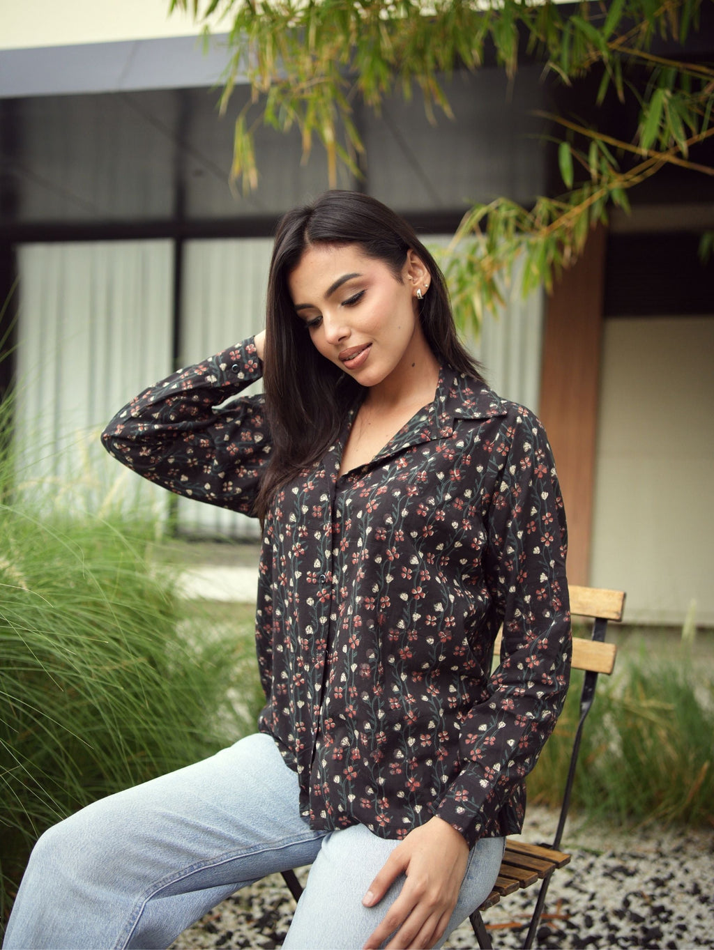Alizeh Oversized Shirt for Women - Black Bagru Print Cotton Shirt