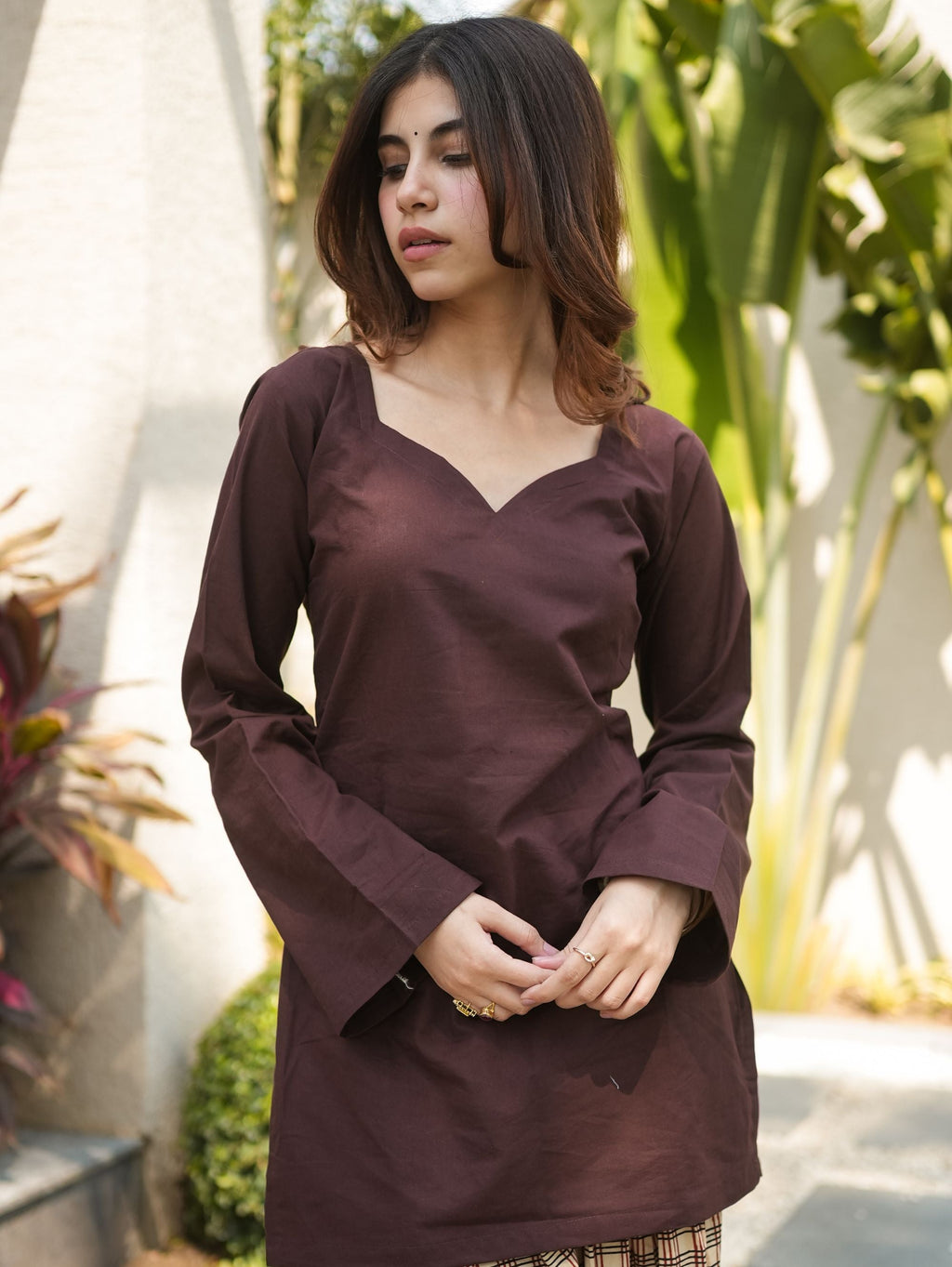 Mocha Sweetheart Neck Short Kurti
