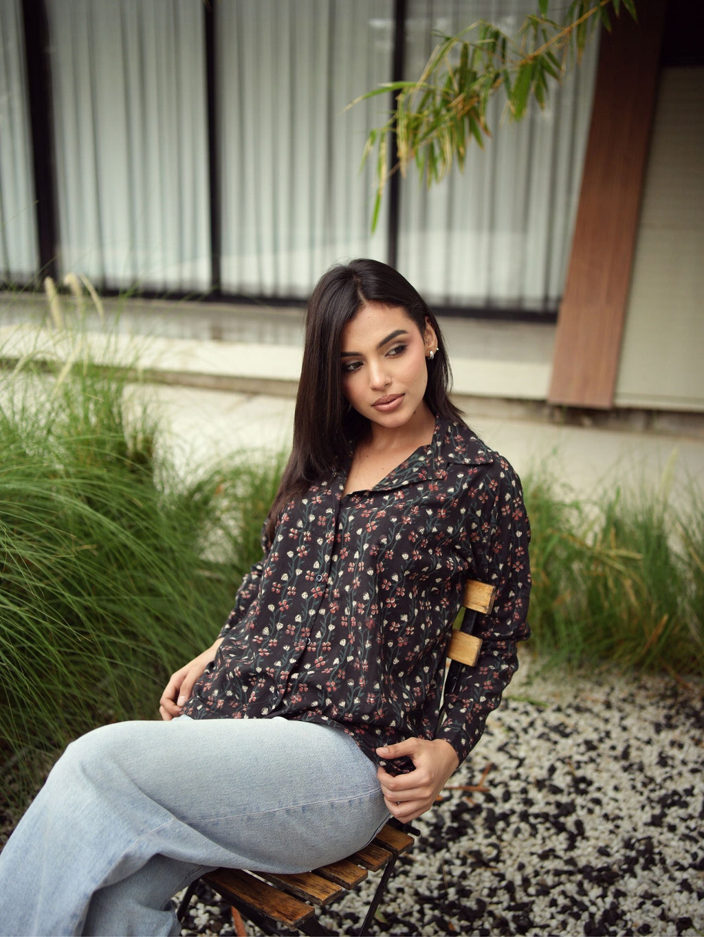 Alizeh Oversized Shirt for Women - Black Bagru Print Cotton Shirt