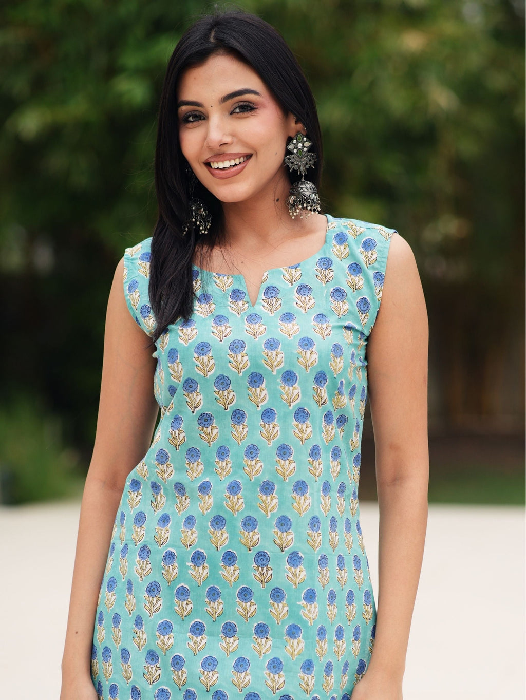 Rukhsar Sleeveless Blue & Green Cotton Farshi Set for Women