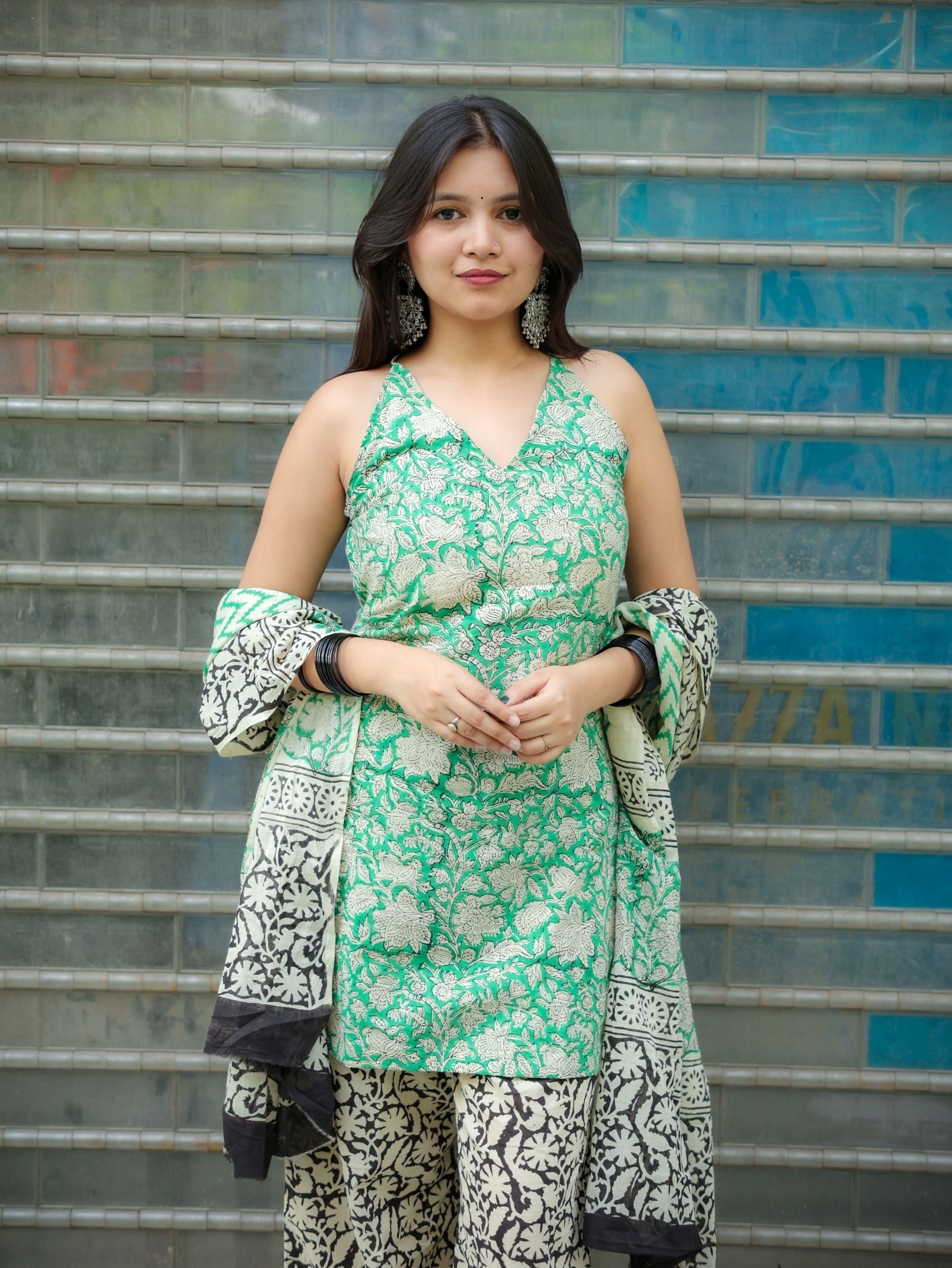 Mint Noor Cotton Handblock Three Piece Set with Halter Neck Kurta