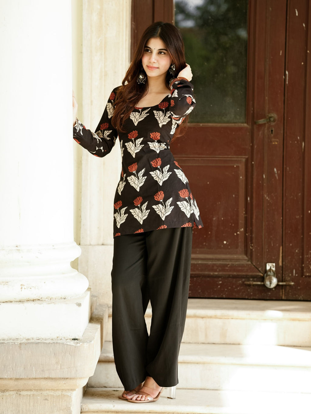 Ruhani Black Printed Short Kurti with Corset Back
