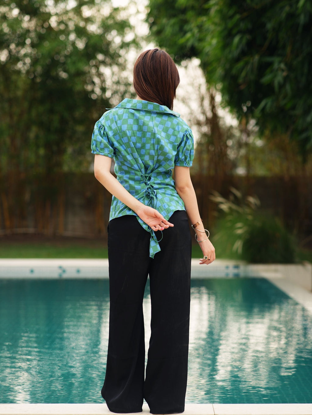Ruhi Cotton Shirt for Women - Green & Blue Puff Sleeve Shirt