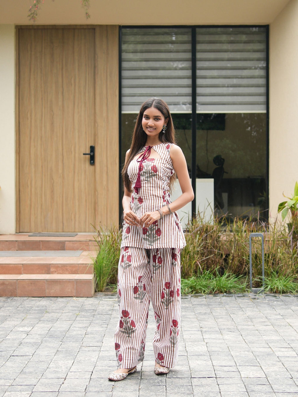 Shehnaz Red Striped Two Piece Farshi Set
