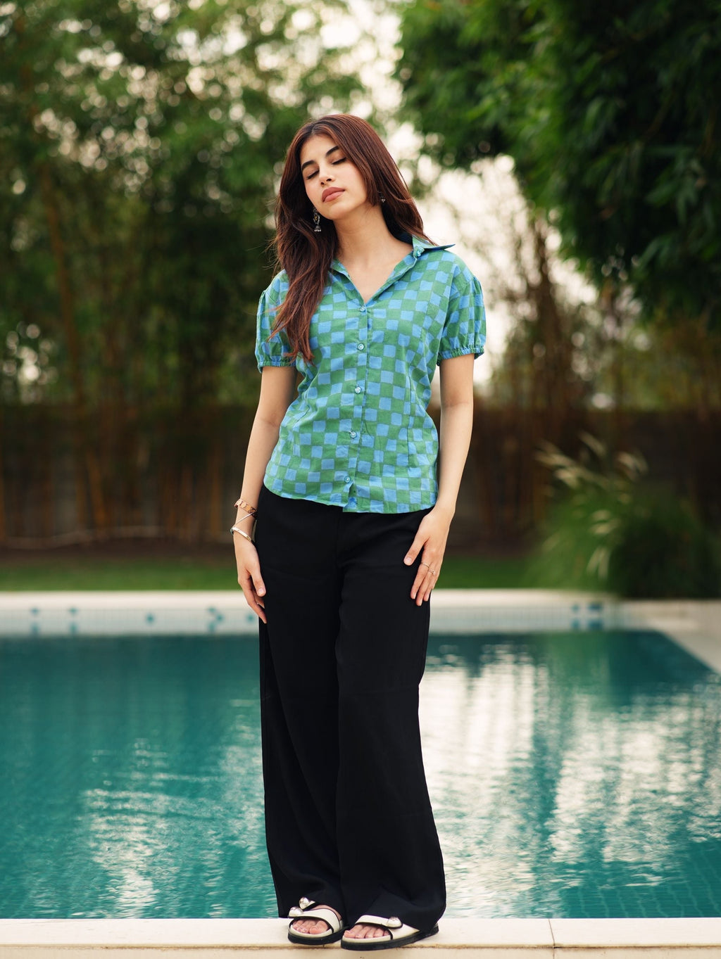 Ruhi Cotton Shirt for Women - Green & Blue Puff Sleeve Shirt