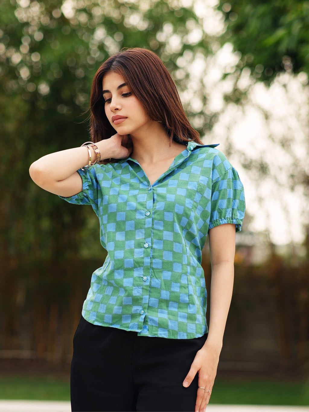 Ruhi Cotton Shirt for Women - Green & Blue Puff Sleeve Shirt