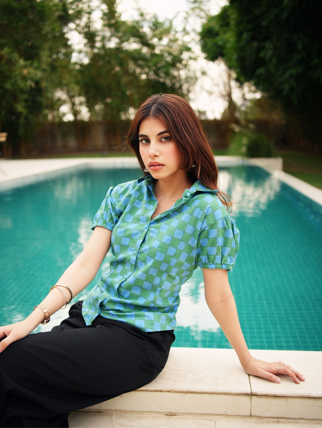 Ruhi Cotton Shirt for Women - Green & Blue Puff Sleeve Shirt