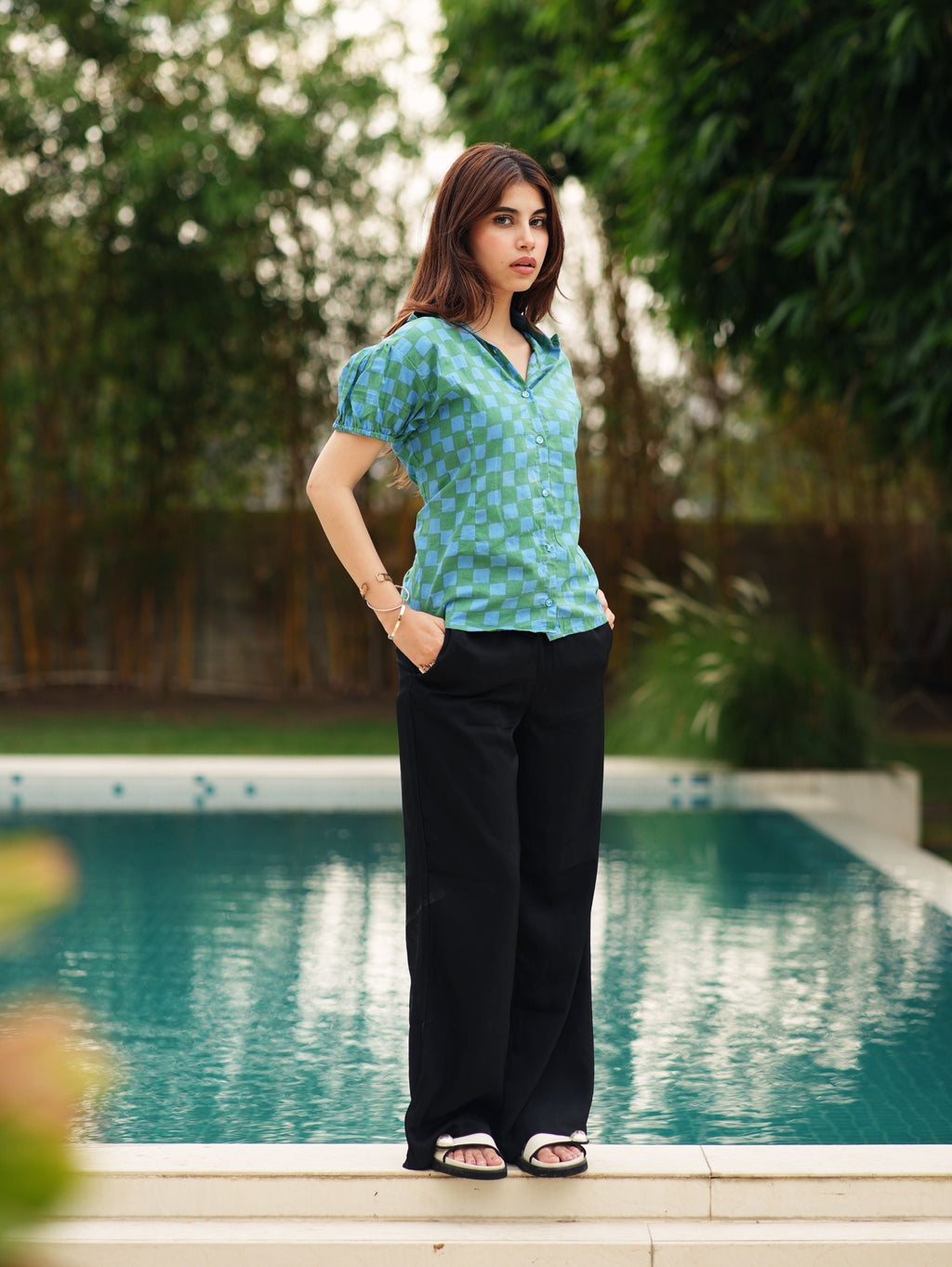 Ruhi Cotton Shirt for Women - Green & Blue Puff Sleeve Shirt