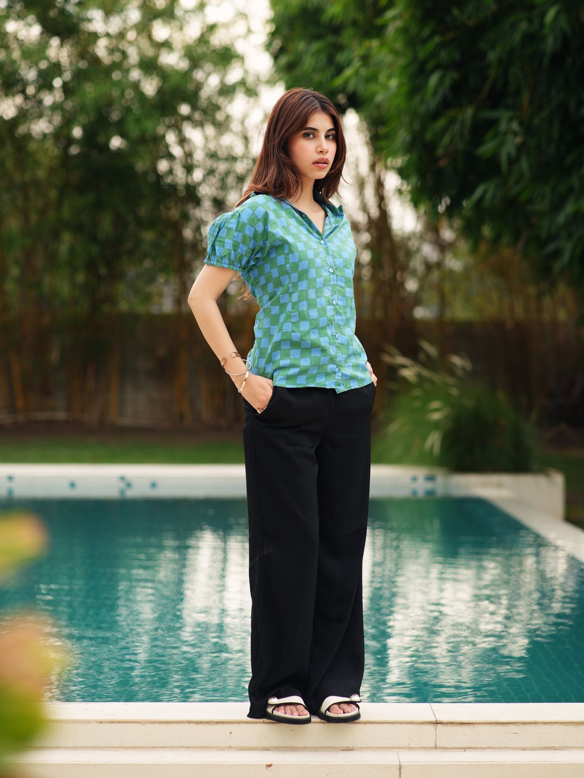 Ruhi Cotton Shirt for Women - Green & Blue Puff Sleeve Shirt