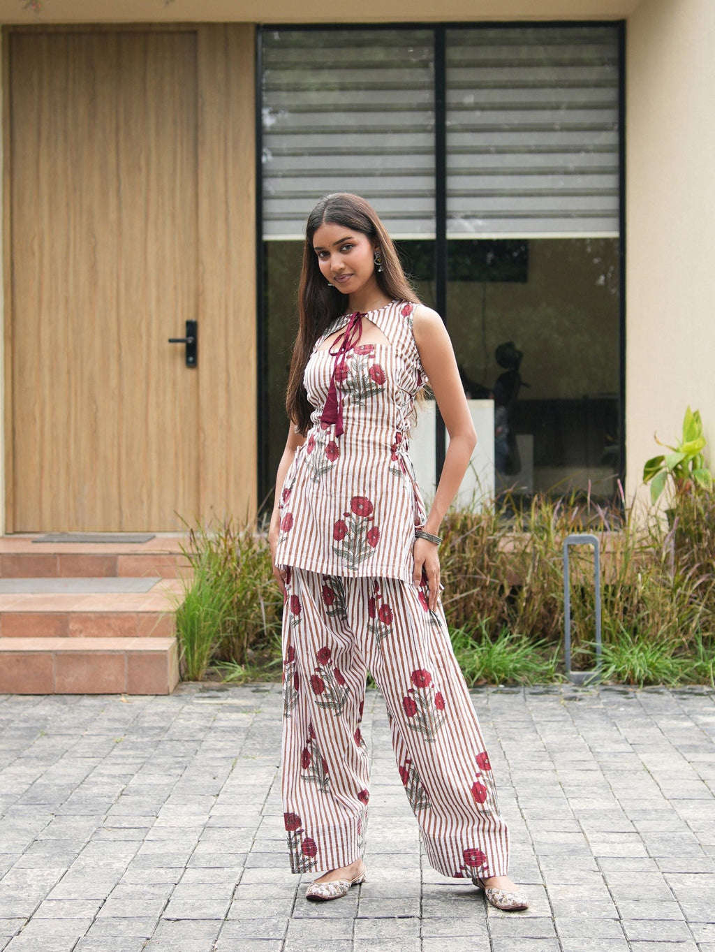 Shehnaz Red Striped Two Piece Farshi Set