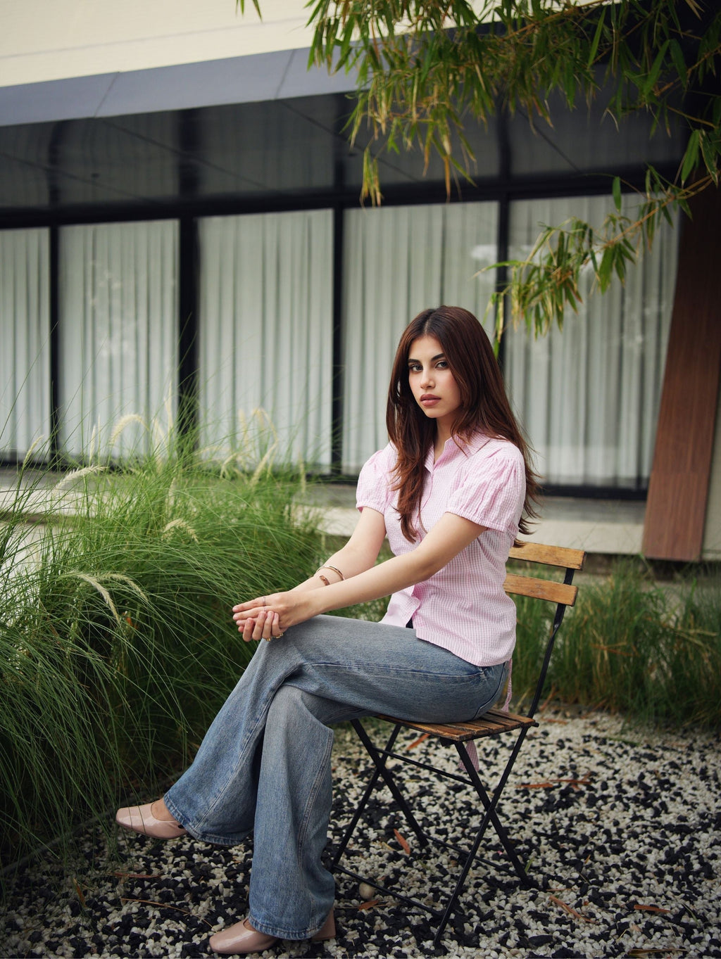 Ayesha Seersucker Cotton Shirt for Women - Pink & White Puff Sleeve Shirt
