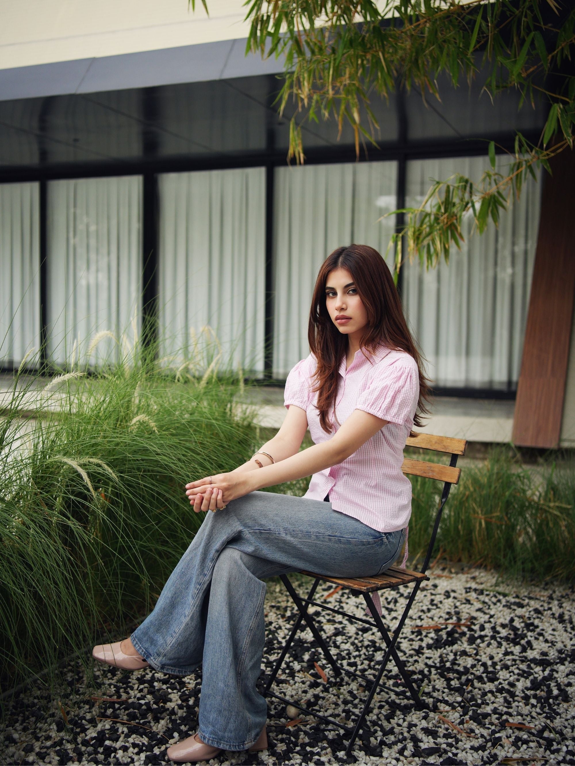 Ayesha Seersucker Cotton Shirt for Women - Pink & White Puff Sleeve Shirt