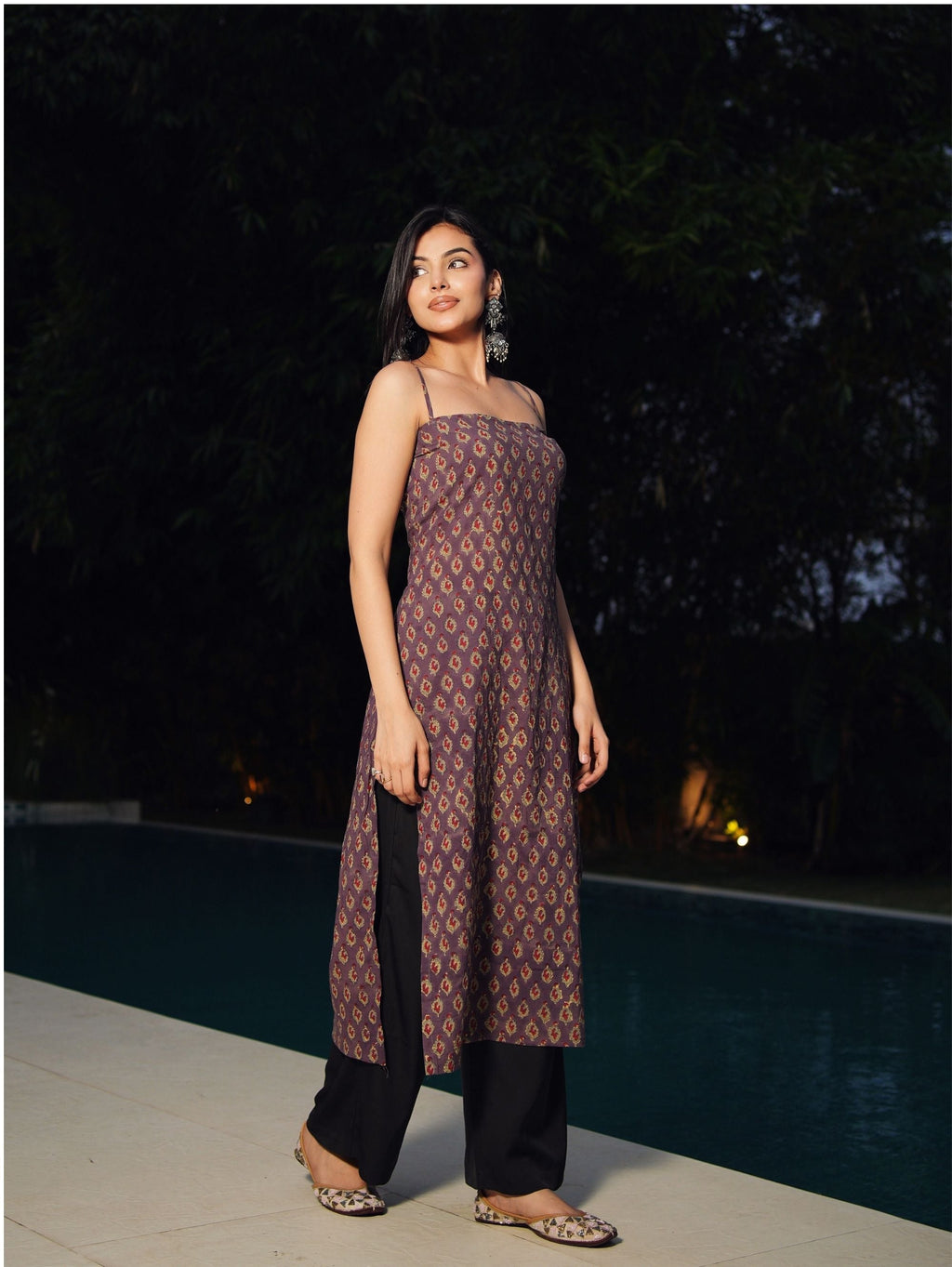 Bijli Handblock Cotton Long Kurti for Women - Purple Noodle Strap Kurti