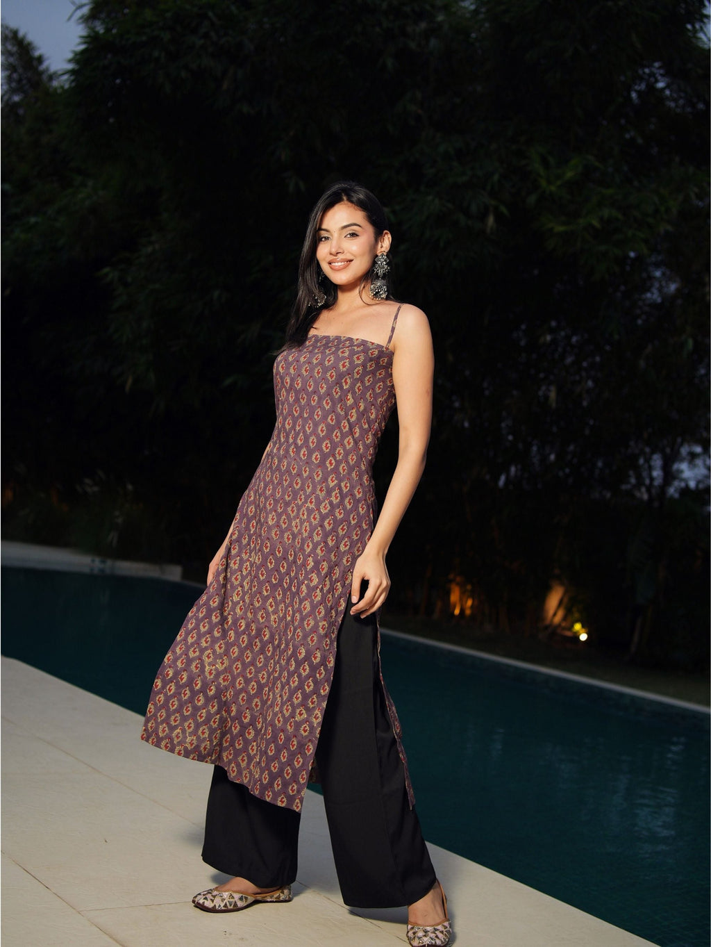 Bijli Handblock Cotton Long Kurti for Women - Purple Noodle Strap Kurti