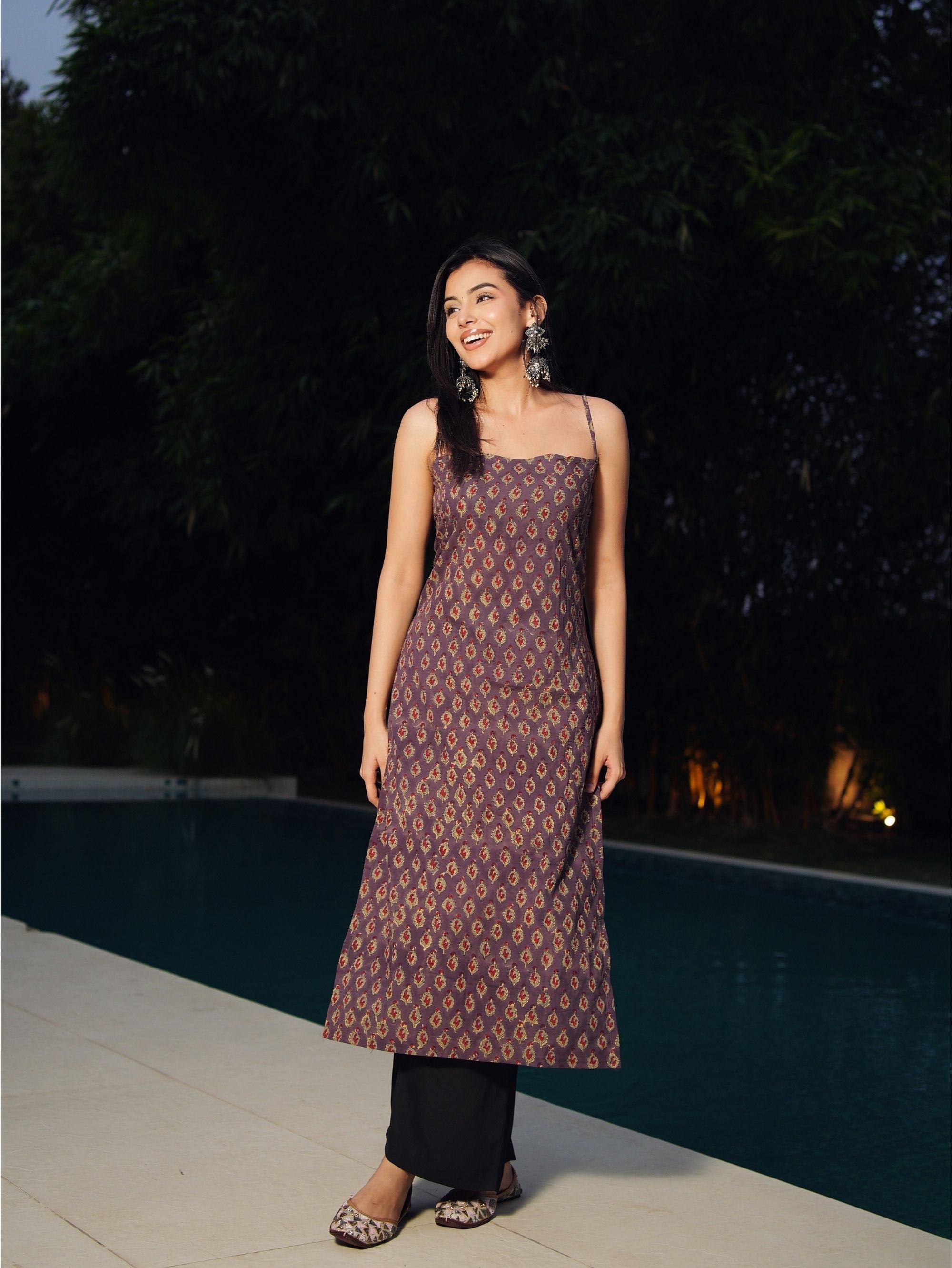 Bijli Handblock Cotton Long Kurti for Women - Purple Noodle Strap Kurti
