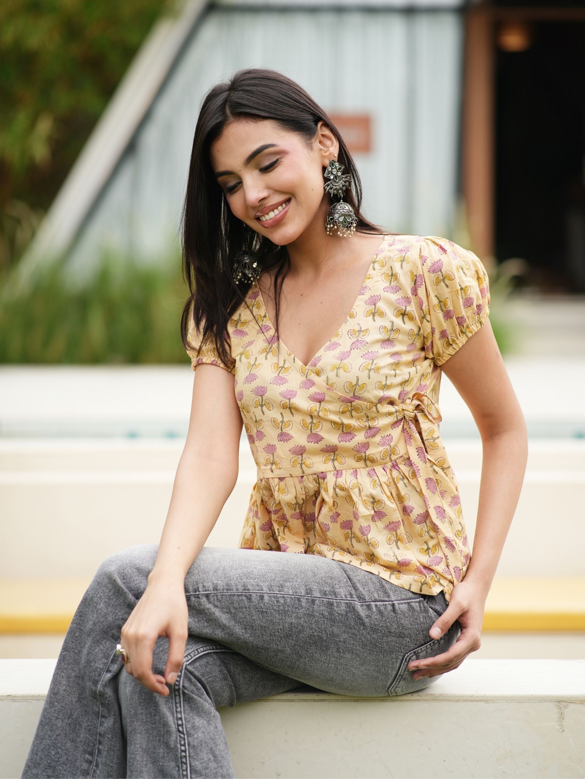 Maya Handblock Cotton Wrap Top for Women - V Neck Puff Sleeve Top