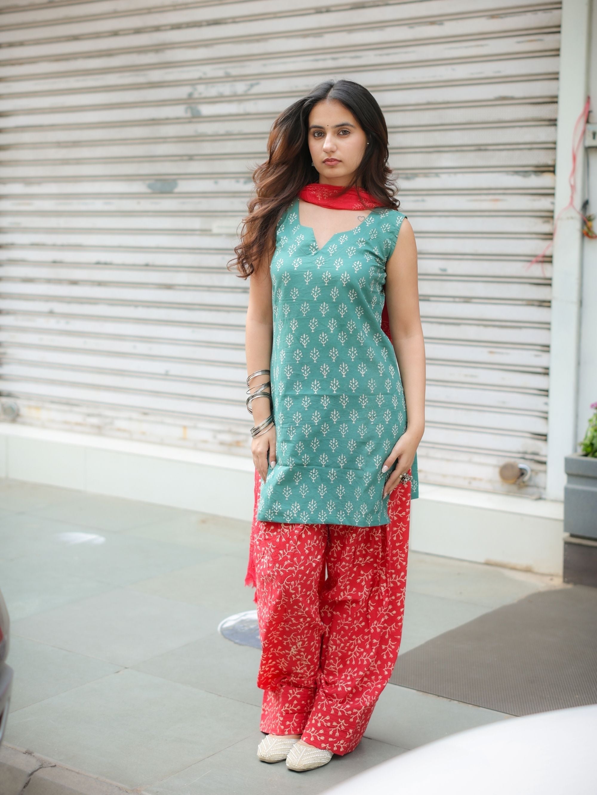 Ruby Sage Green & Red Farshi Salwar Set with Chiffon Dupatta