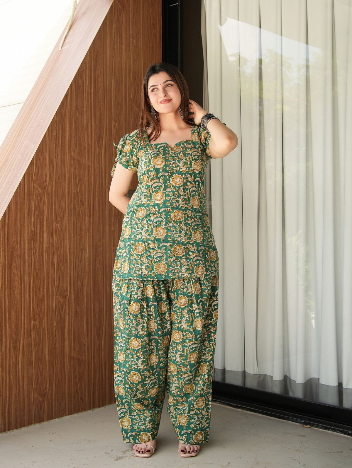 Virsa Green Handblock Cotton Two Piece Farshi Set
