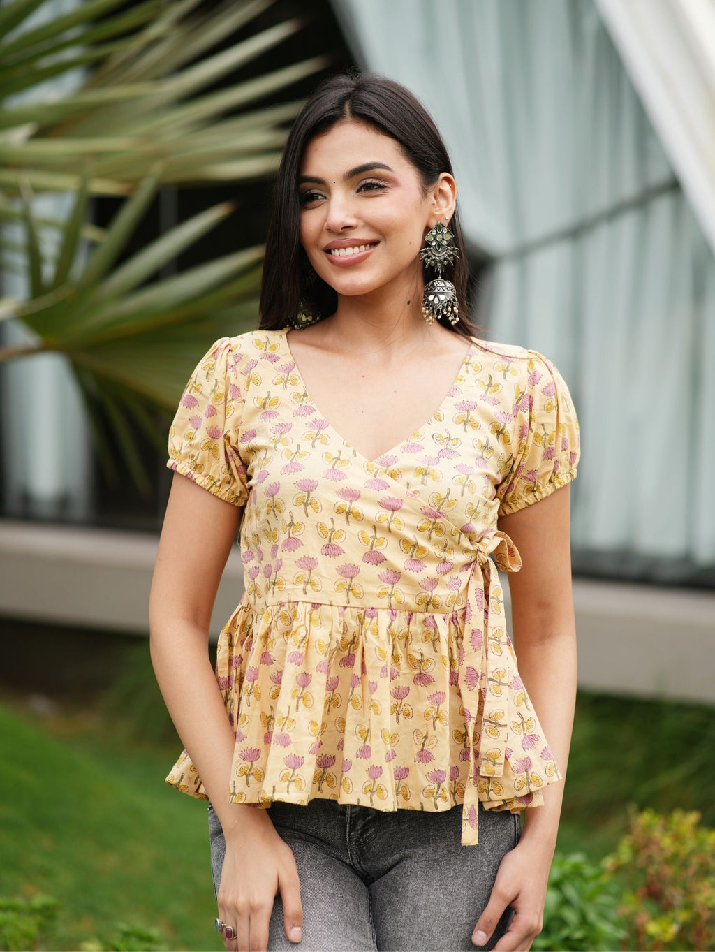 Maya Handblock Cotton Wrap Top for Women - V Neck Puff Sleeve Top