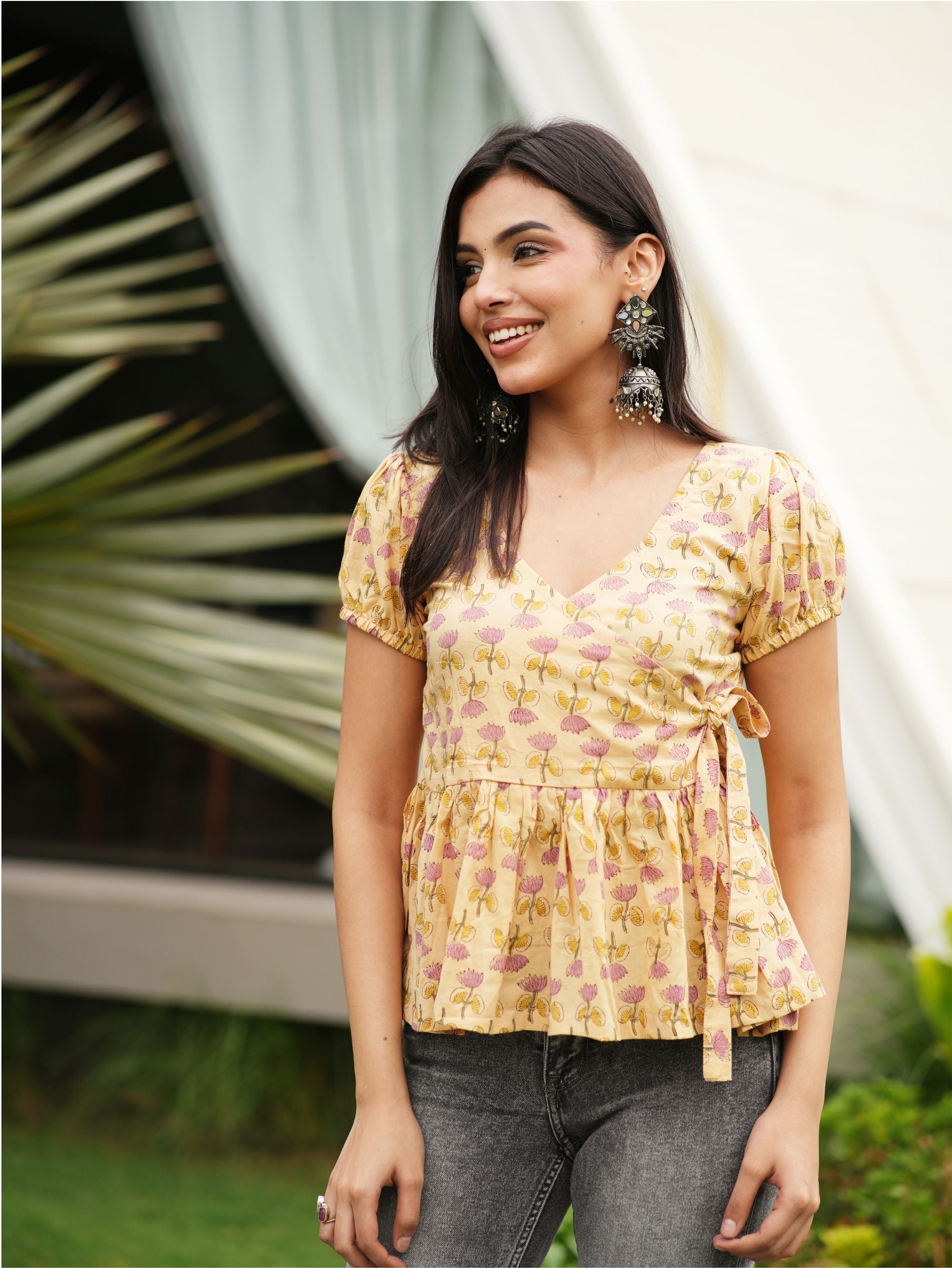 Maya Handblock Cotton Wrap Top for Women - V Neck Puff Sleeve Top