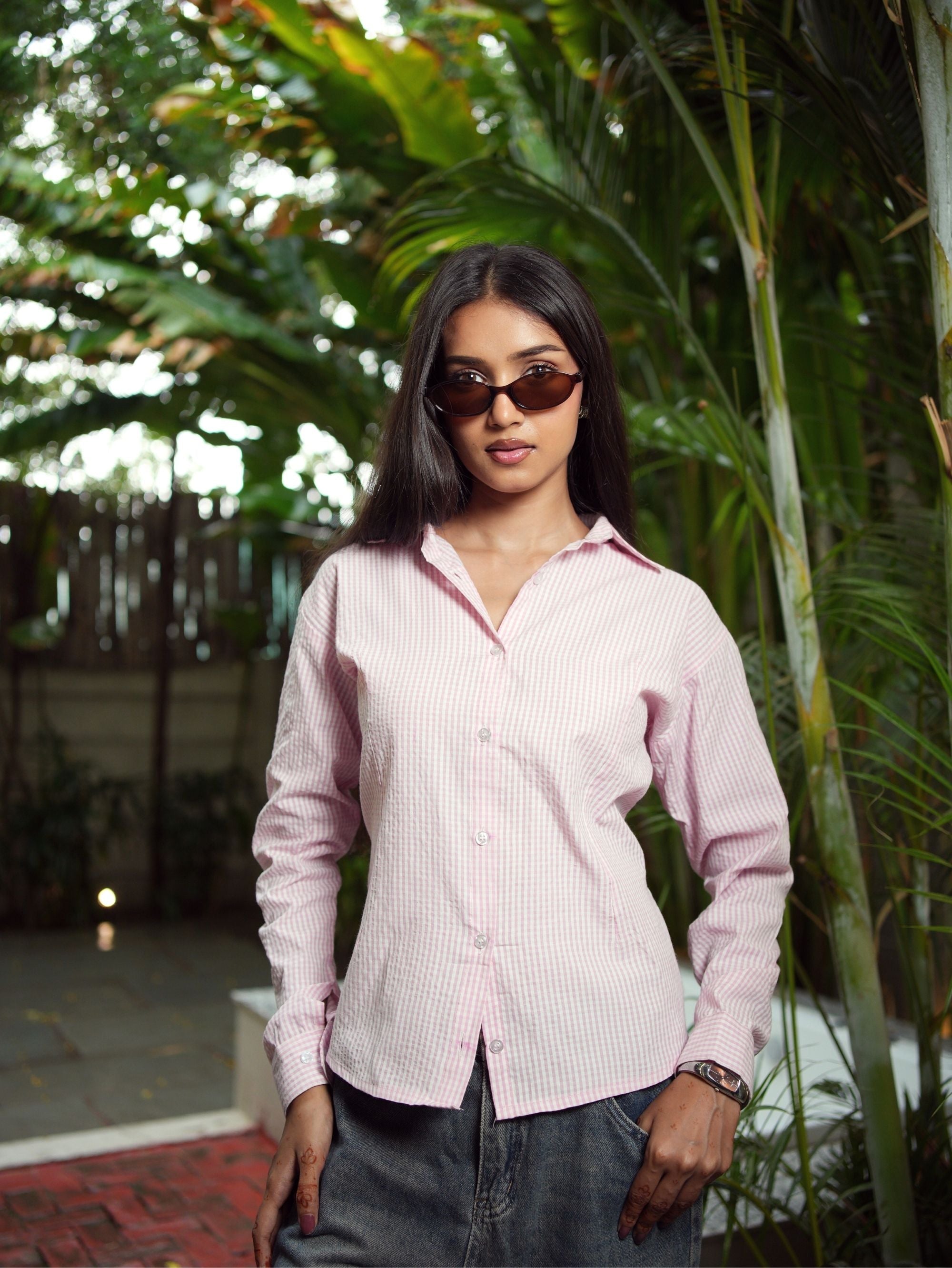 Zara Pink Seersucker Cotton Shirt for Women - Full Sleeve Collared Shirt