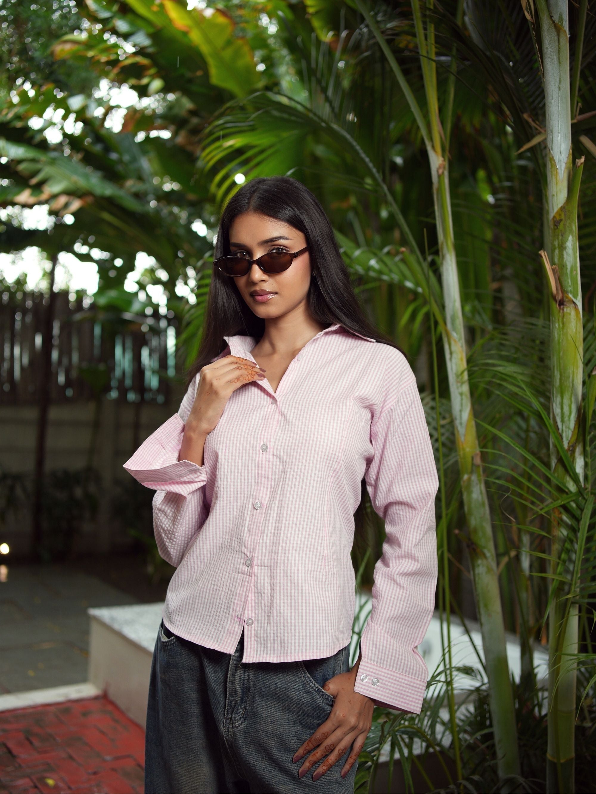 Zara Pink Seersucker Cotton Shirt for Women - Full Sleeve Collared Shirt