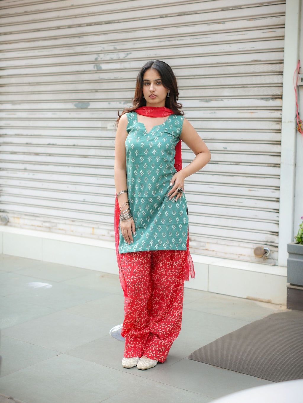 Ruby Sage Green & Red Farshi Salwar Set with Chiffon Dupatta