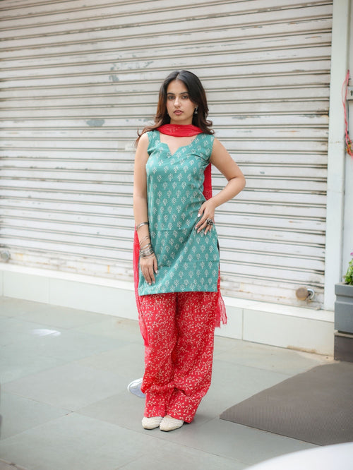 Ruby Sage Green & Red Farshi Salwar Set with Chiffon Dupatta