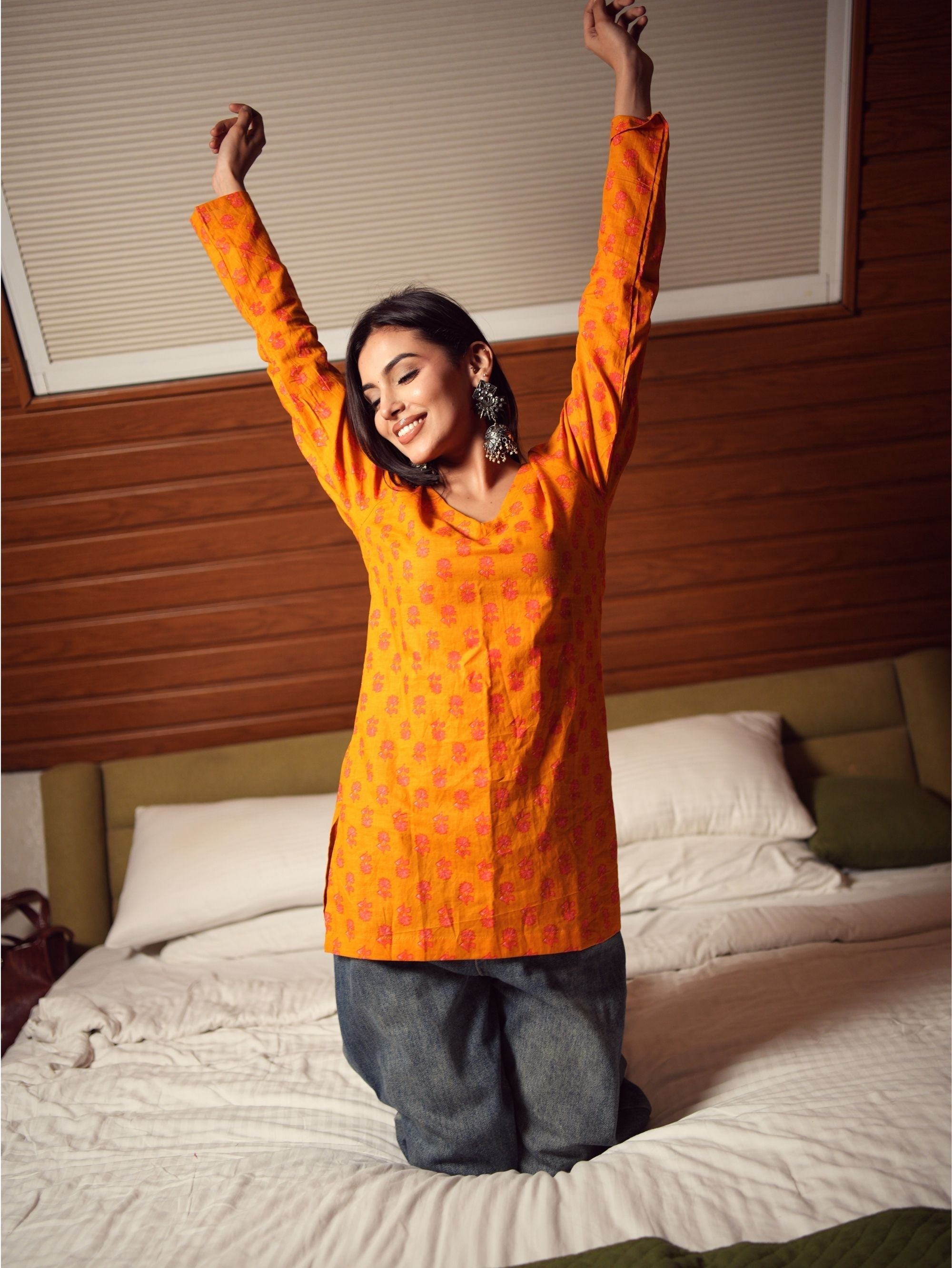Madhu Mustard Cotton Short Kurti for Women - V Neck Full Bell Sleeve Kurti