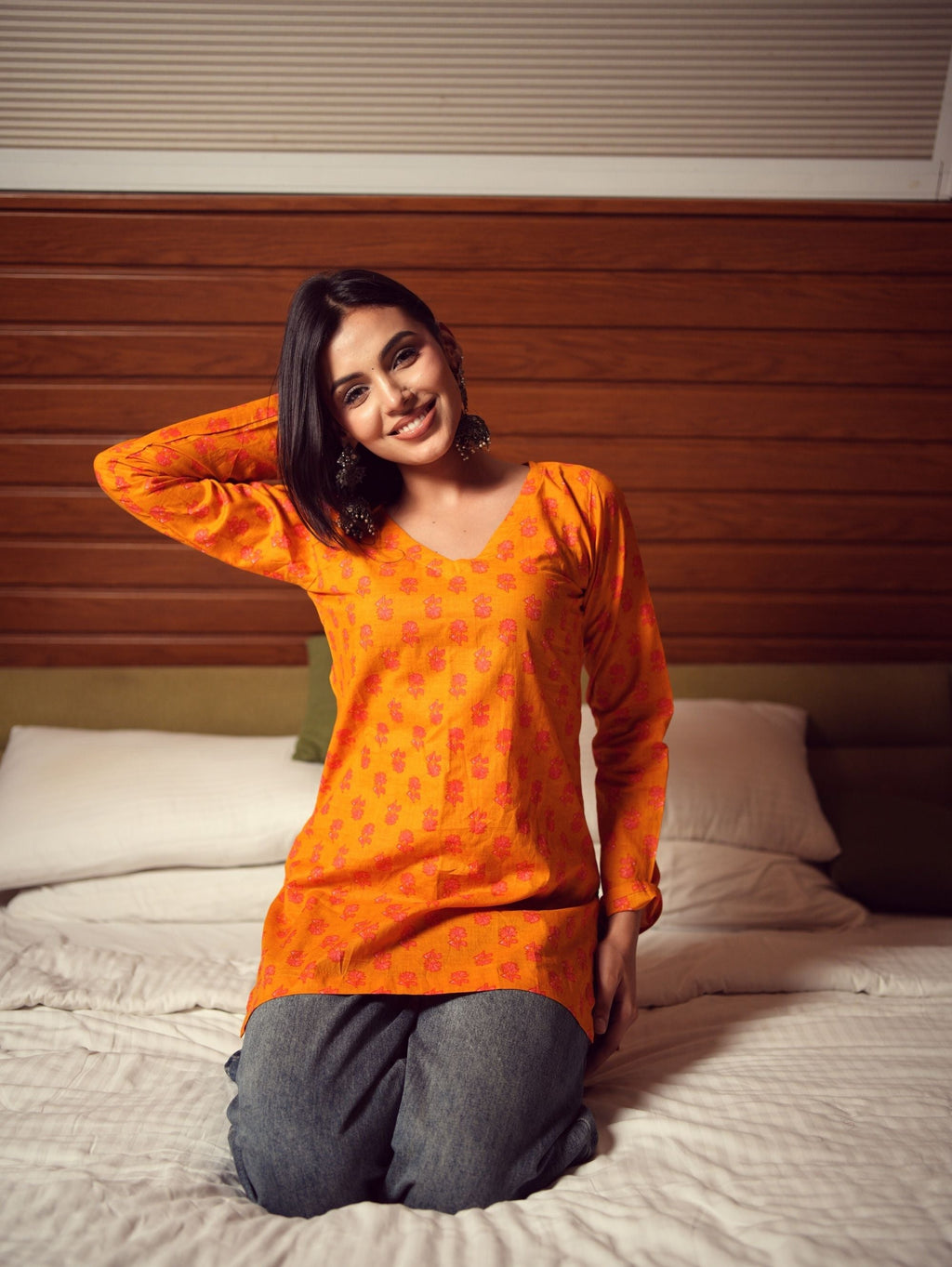 Madhu Mustard Cotton Short Kurti for Women - V Neck Full Bell Sleeve Kurti