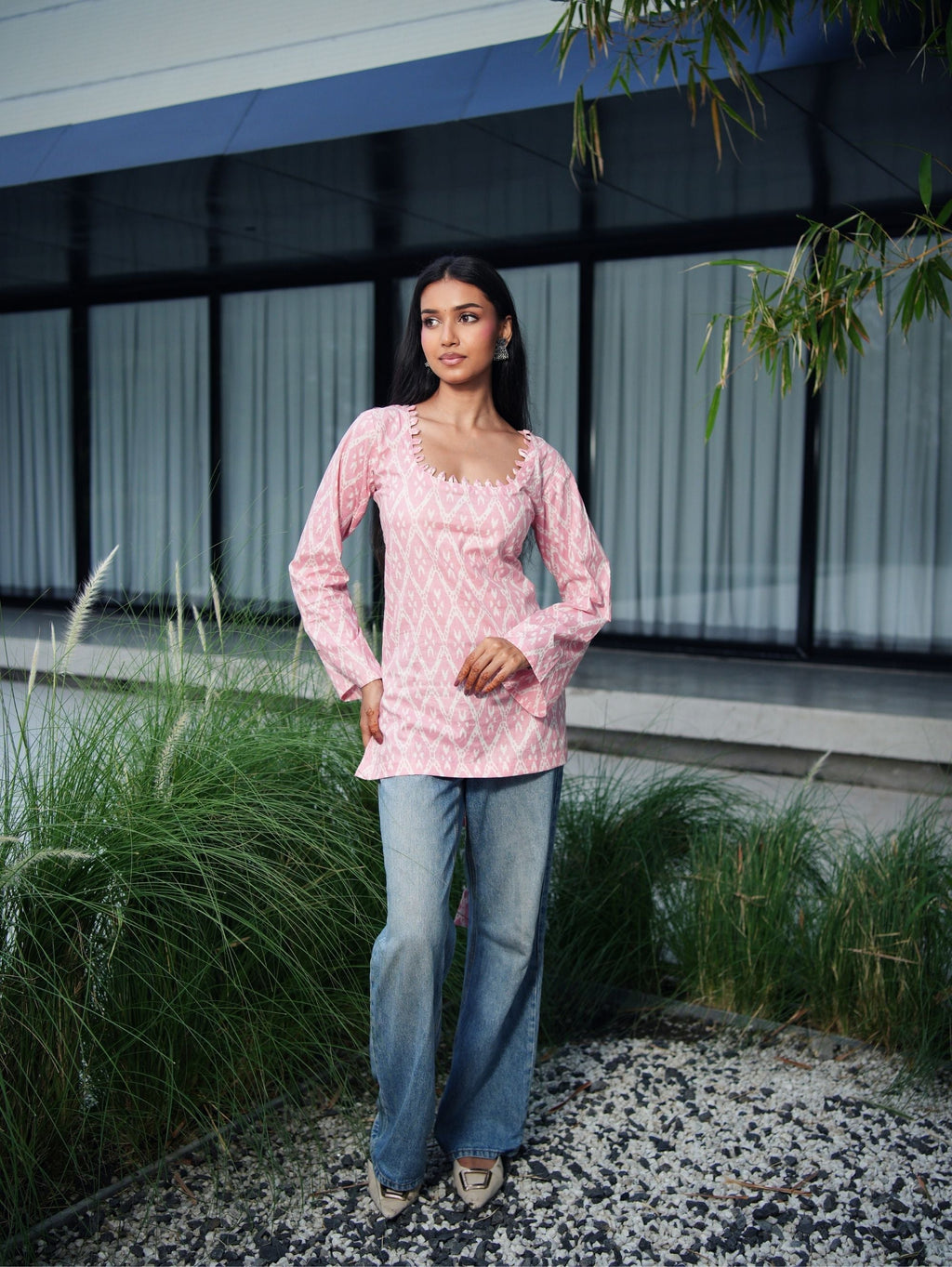 Sehmat Pink Cotton Short Kurti for Women - U Neck Bell Sleeve Kurti