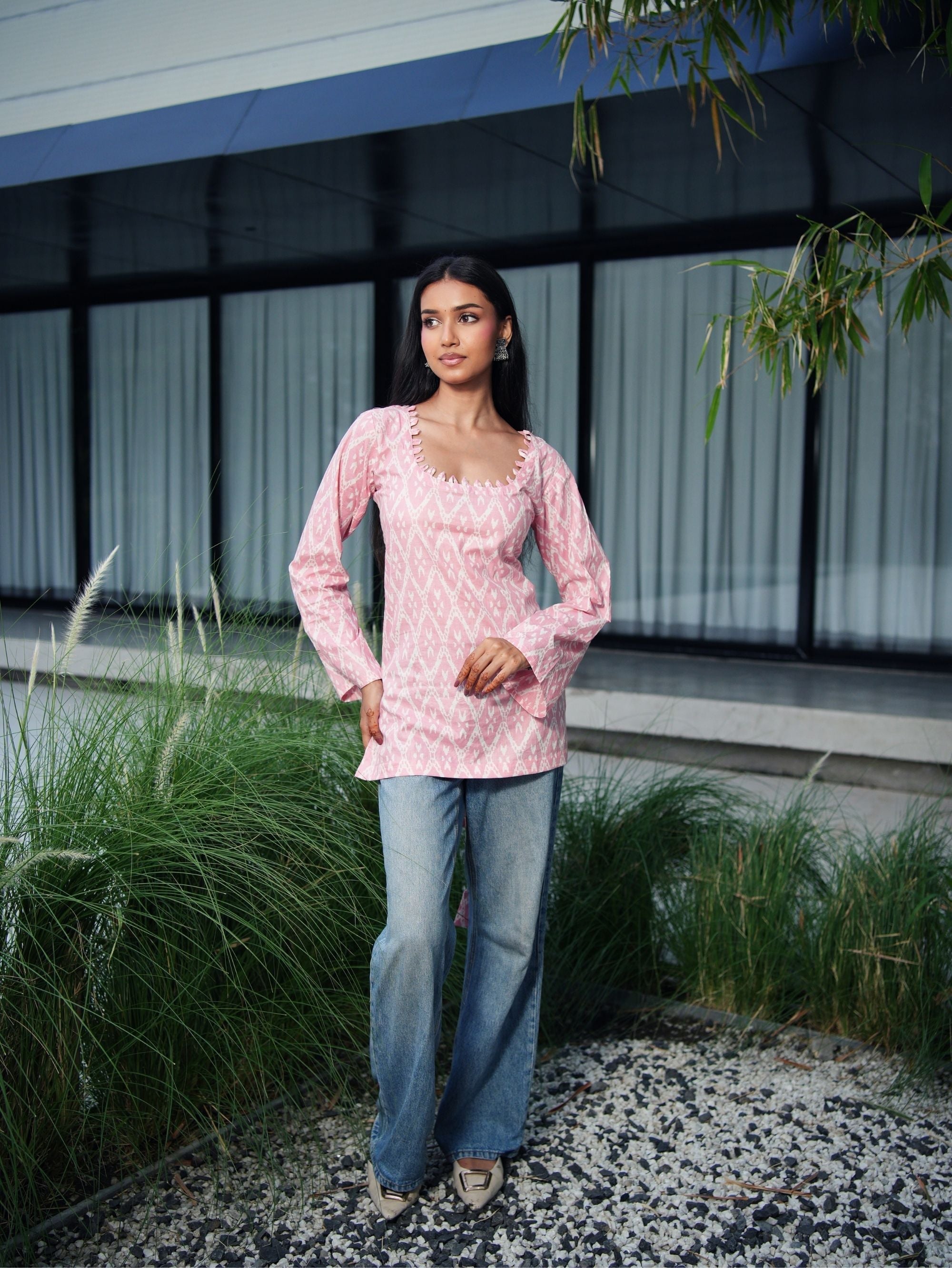 Sehmat Pink Cotton Short Kurti for Women - U Neck Bell Sleeve Kurti