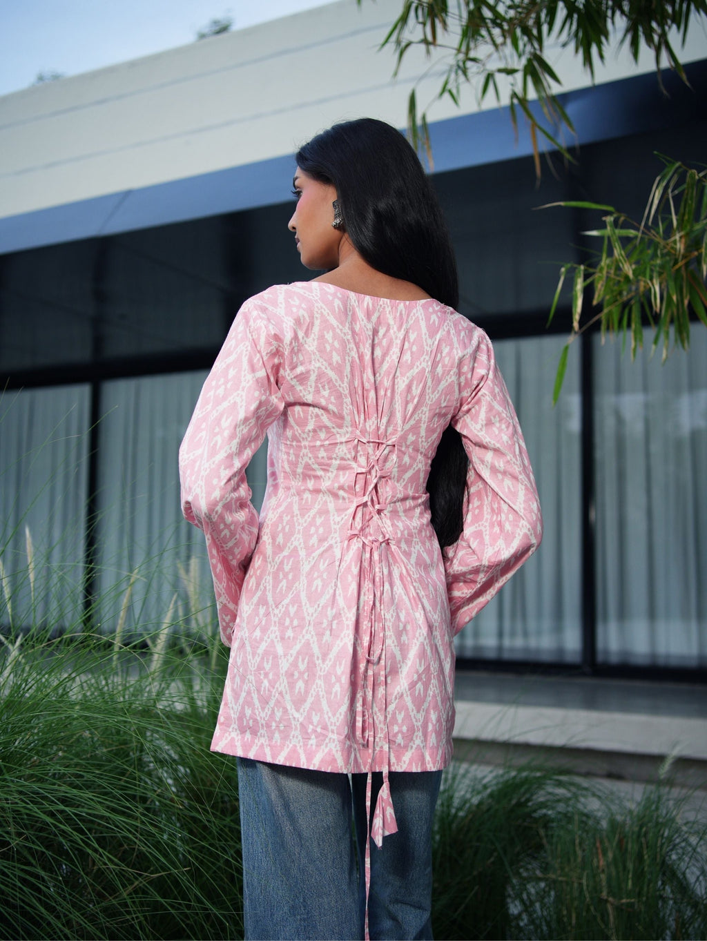 Sehmat Pink Cotton Short Kurti for Women - U Neck Bell Sleeve Kurti