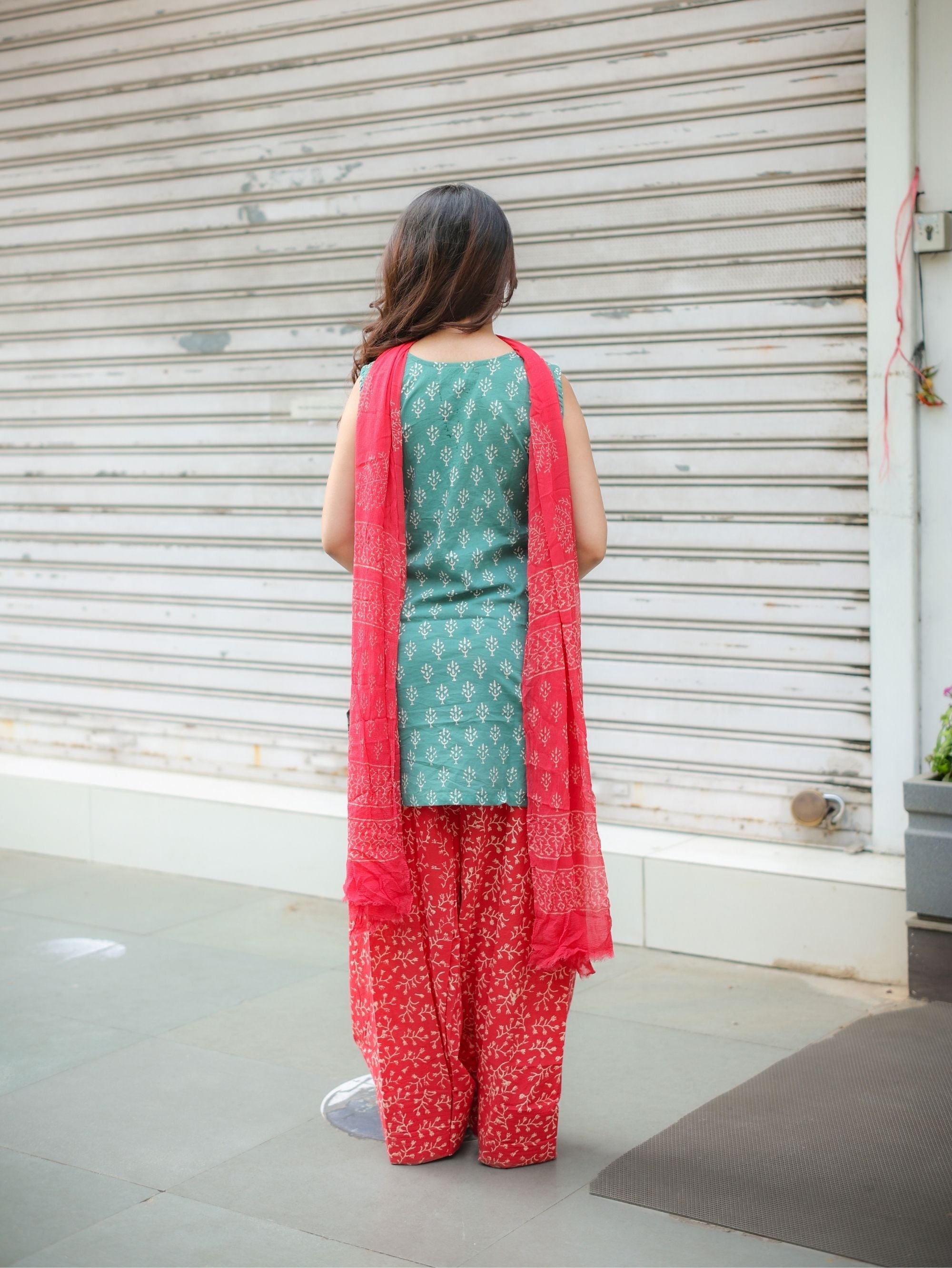 Ruby Sage Green & Red Farshi Salwar Set with Chiffon Dupatta