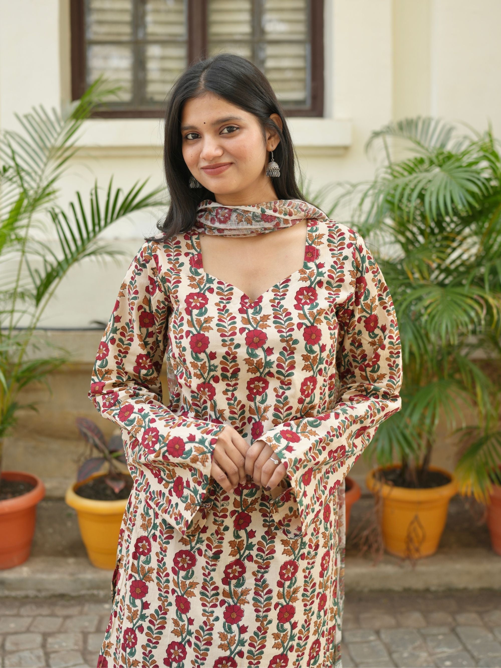 Biba Beige Handblock Cotton Straight Suit Set