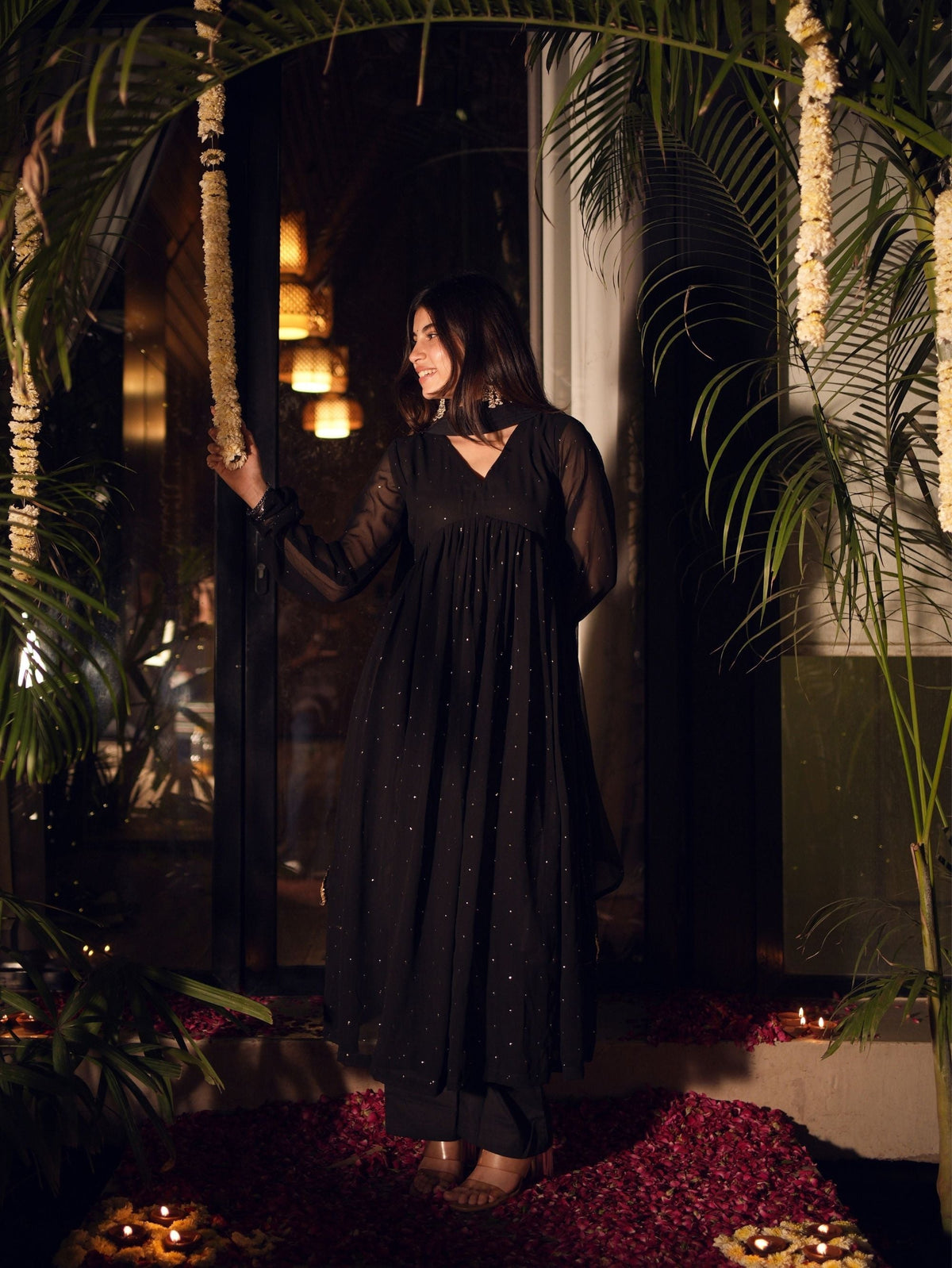 Cham Cham Black Alia Cut Three Piece Anarkali Set