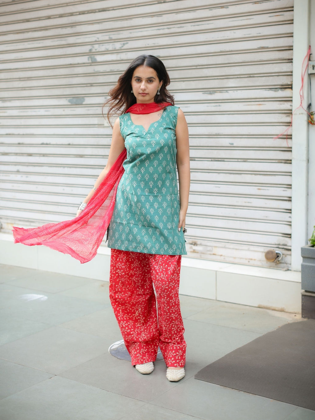 Ruby Sage Green & Red Farshi Salwar Set with Chiffon Dupatta