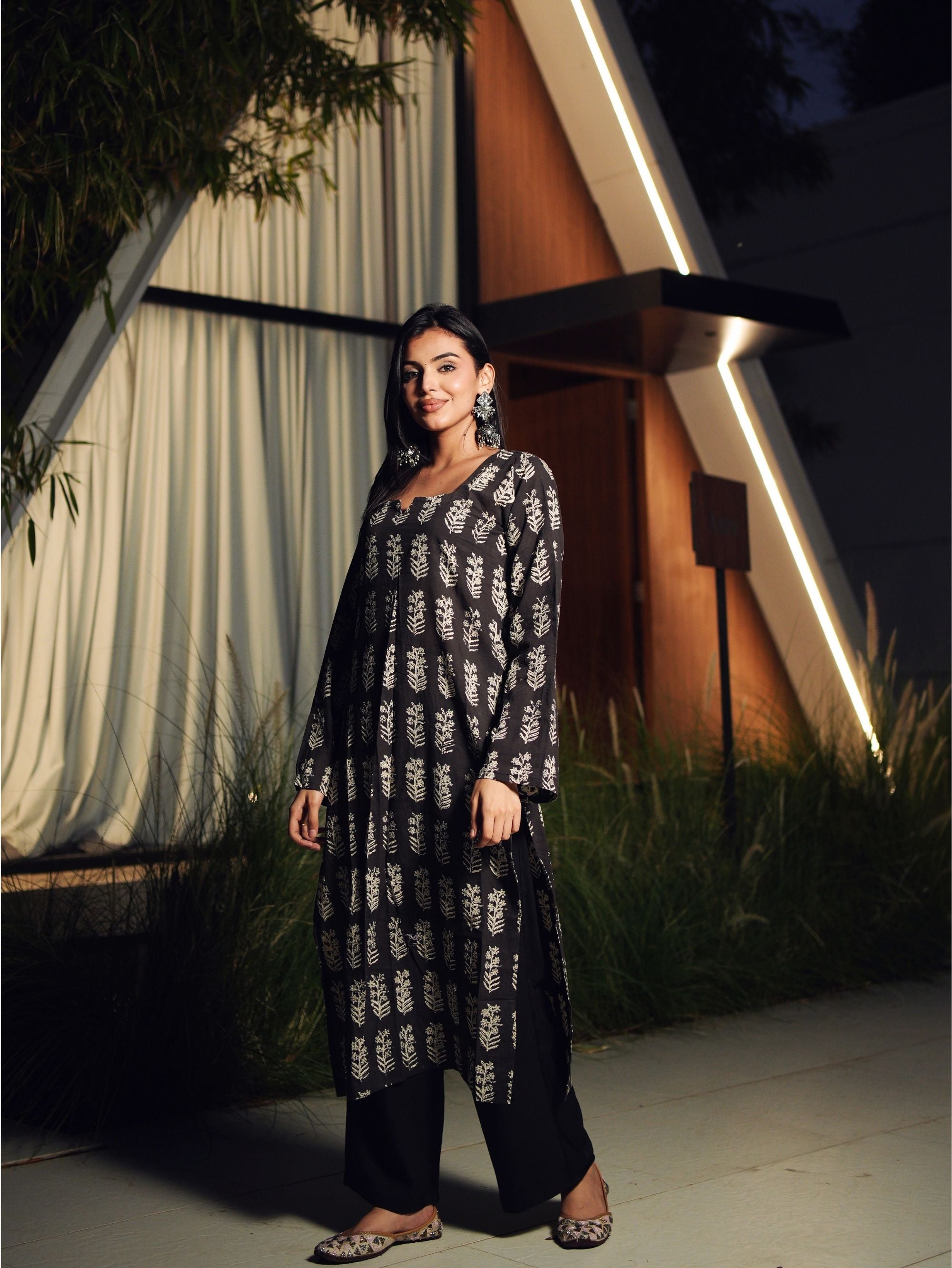 Basanti Black Handblock Cotton Long Kurta