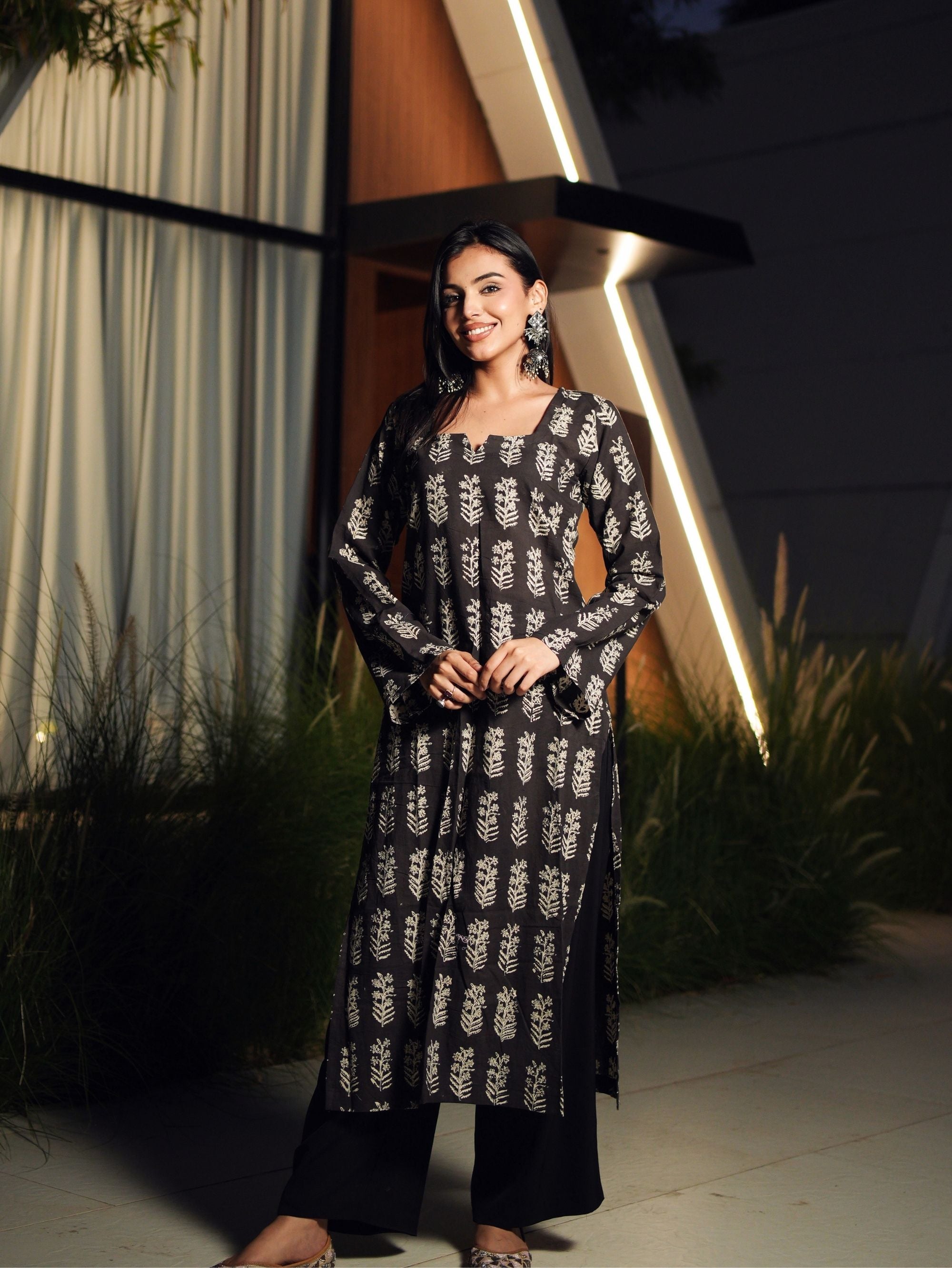 Basanti Black Handblock Cotton Long Kurta