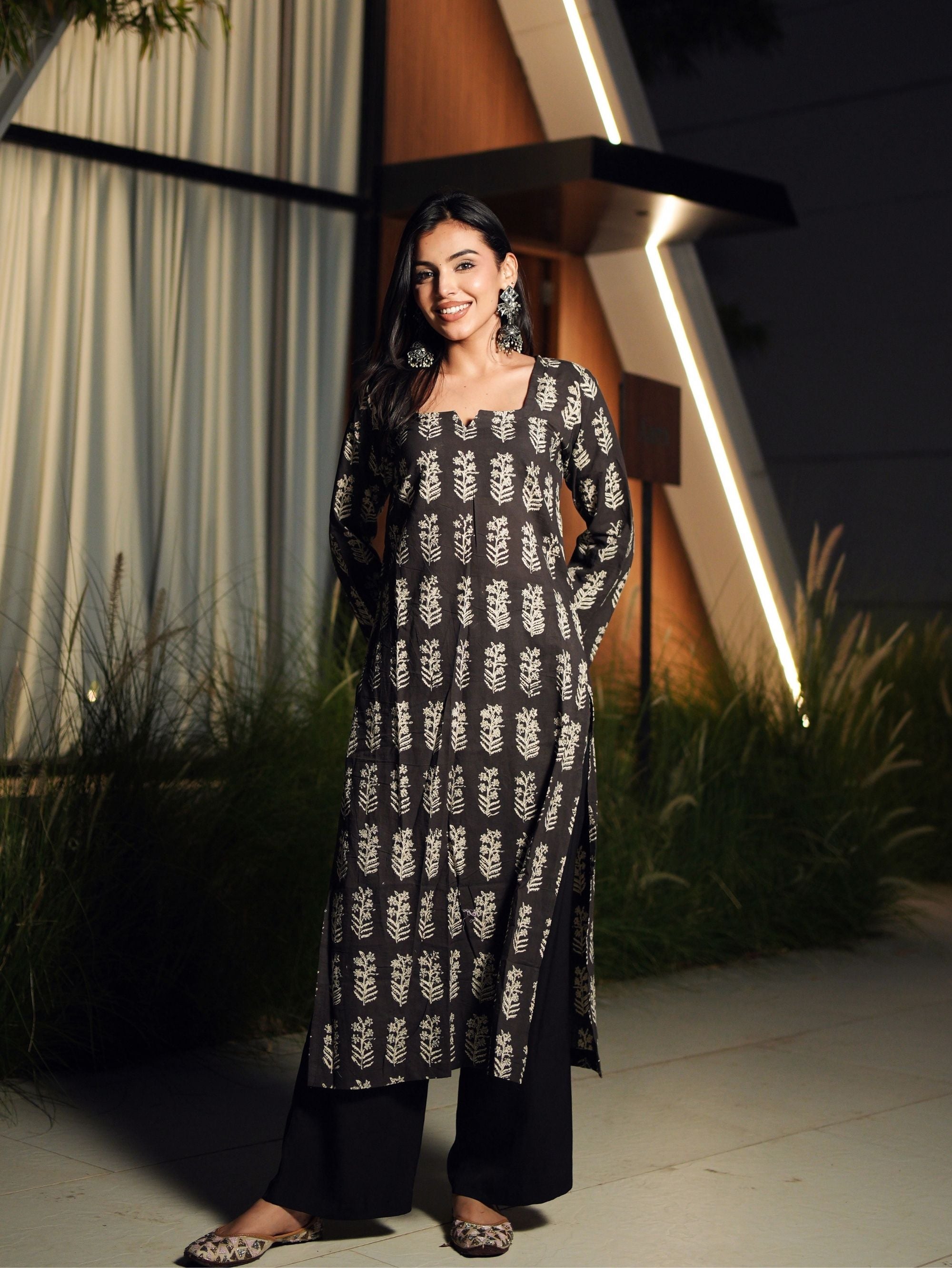 Basanti Black Handblock Cotton Long Kurta