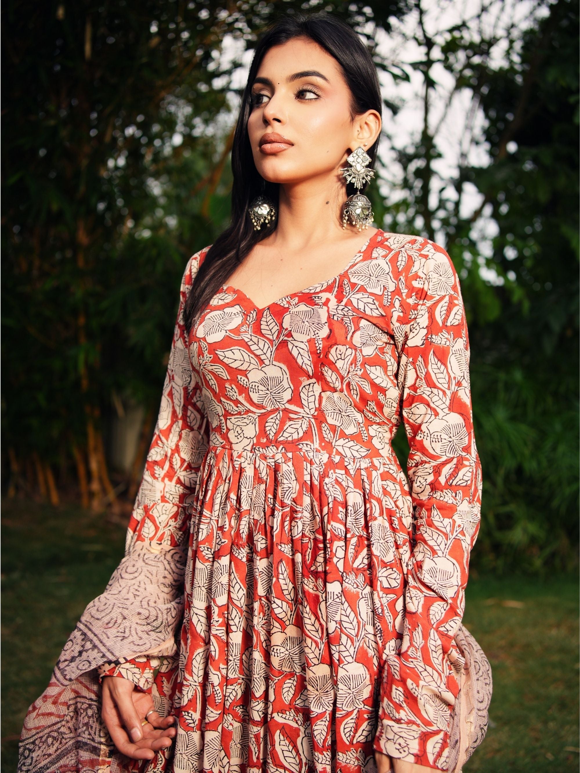 Sana Red Rust Handblock Cotton Anarkali Set with Kota Doria Dupatta