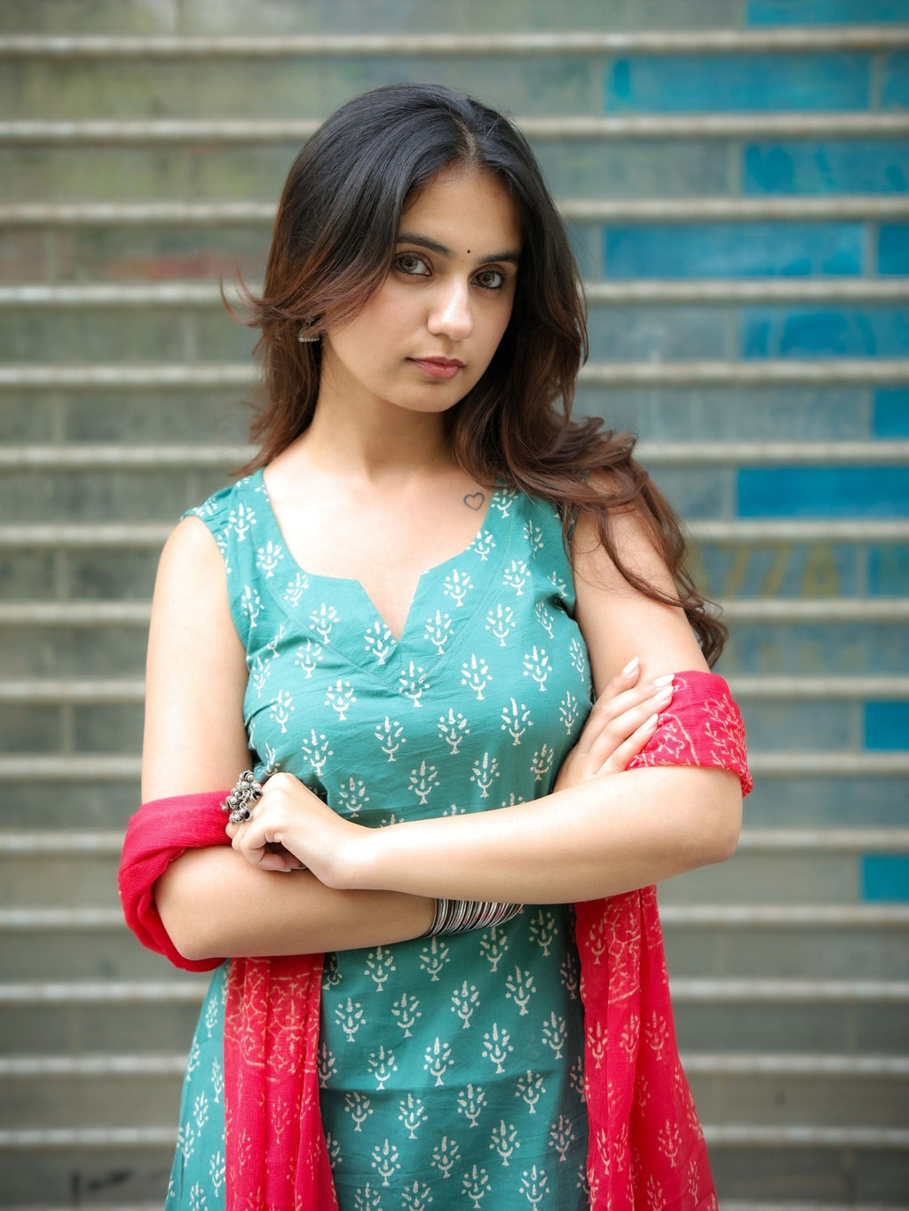 Ruby Sage Green & Red Farshi Salwar Set with Chiffon Dupatta