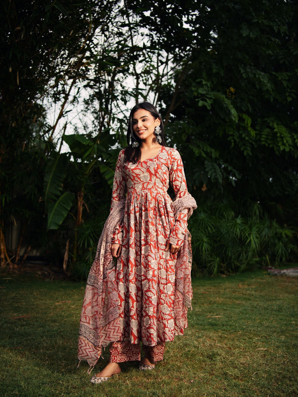 Sana Red Rust Handblock Cotton Anarkali Set with Kota Doria Dupatta