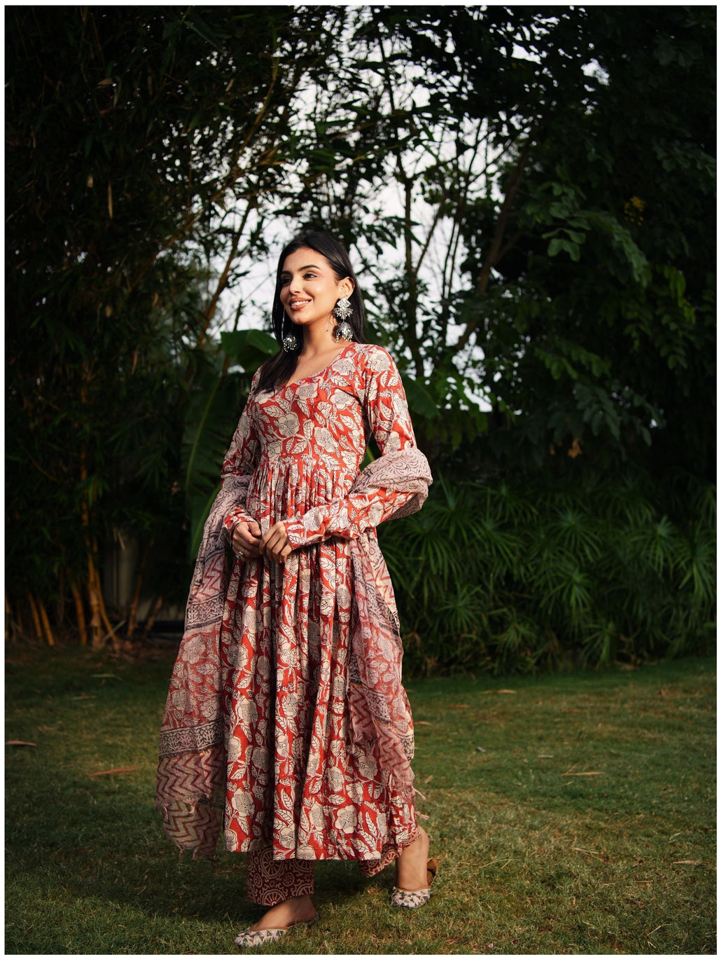 Sana Red Rust Handblock Cotton Anarkali Set with Kota Doria Dupatta