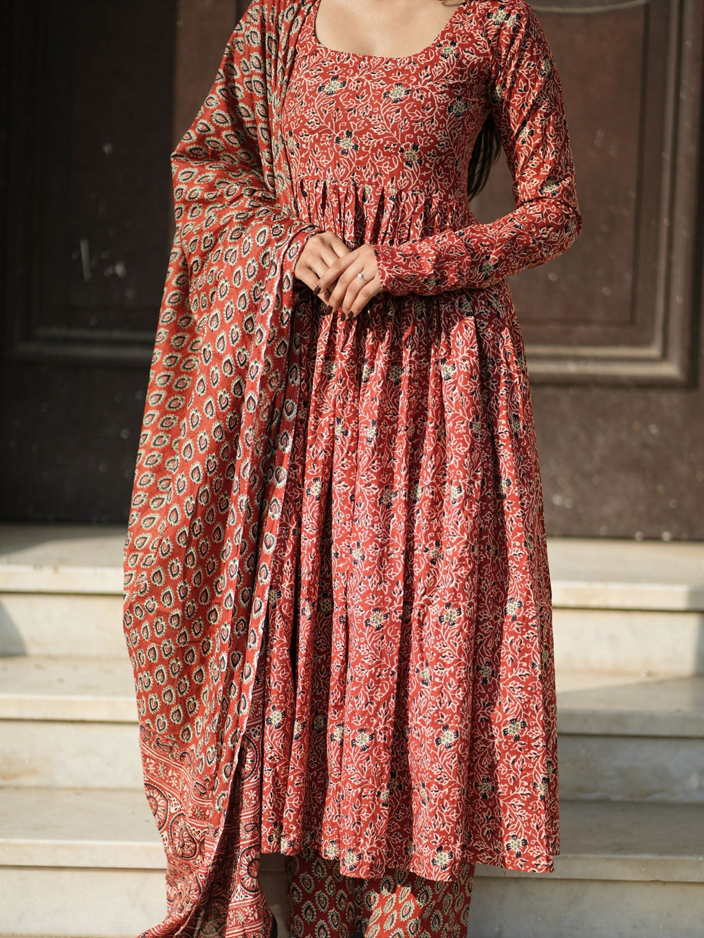Madhubala Red Cotton Anarkali Suit Set